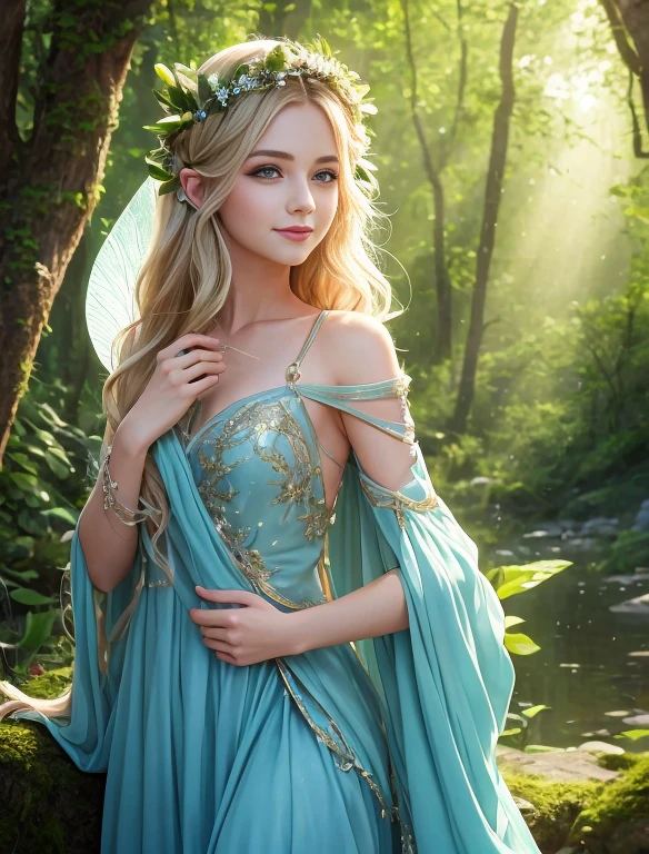 La mejor calidad, Ultra detallado, realista, elven fairy, joven, hermosa sonrisa, cabello sedoso y ondulado, rubio, Ojos y cara detallados, long eyeslashes, Ambiente encantador, magic forest, ethereal light, alas delicadas, postura elegante, nature inspired backdrop, colores vibrantes, Dream scene
