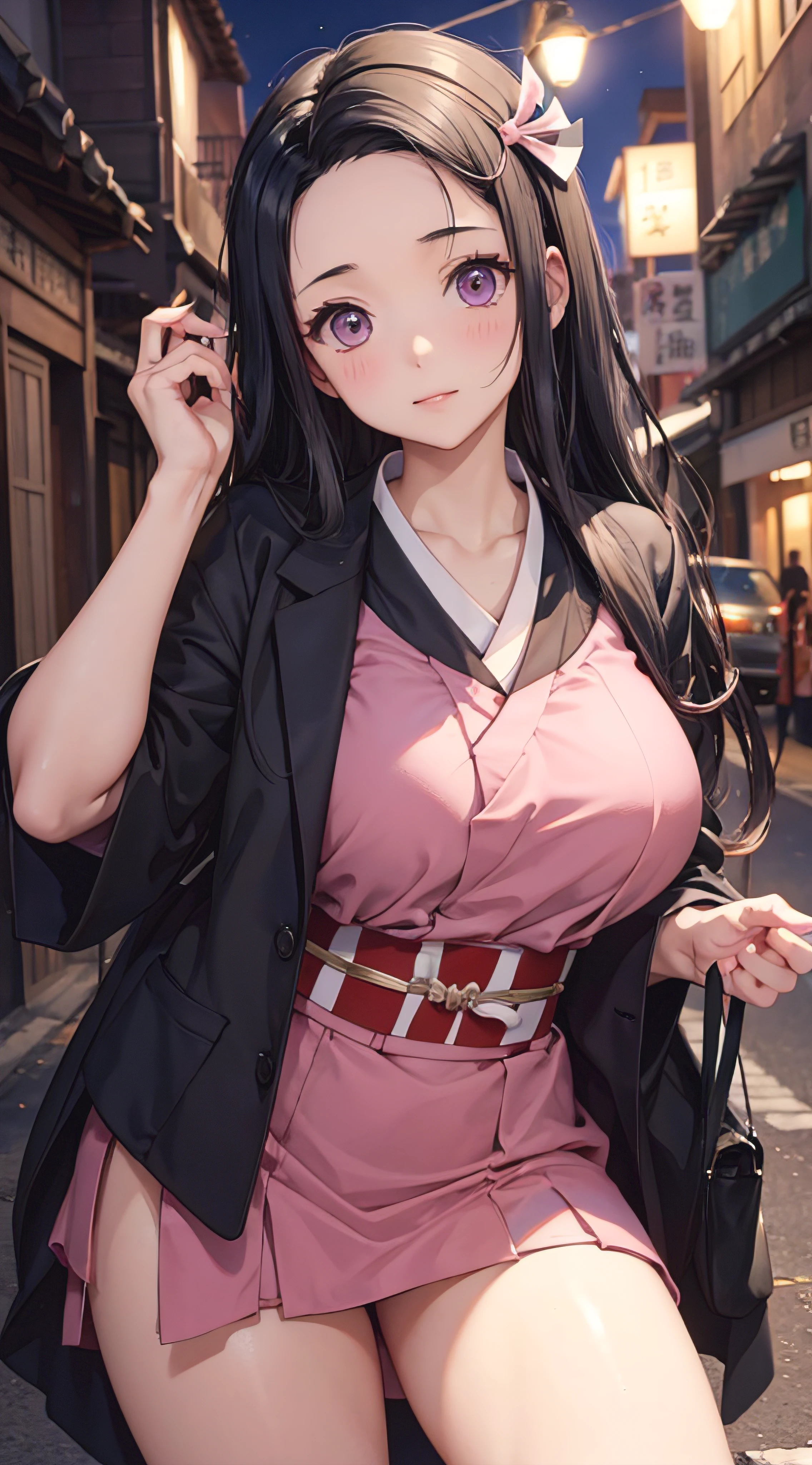 Nezuko Kamado,Pose sexy,traje de detective,calles de noche,lenten oscuro