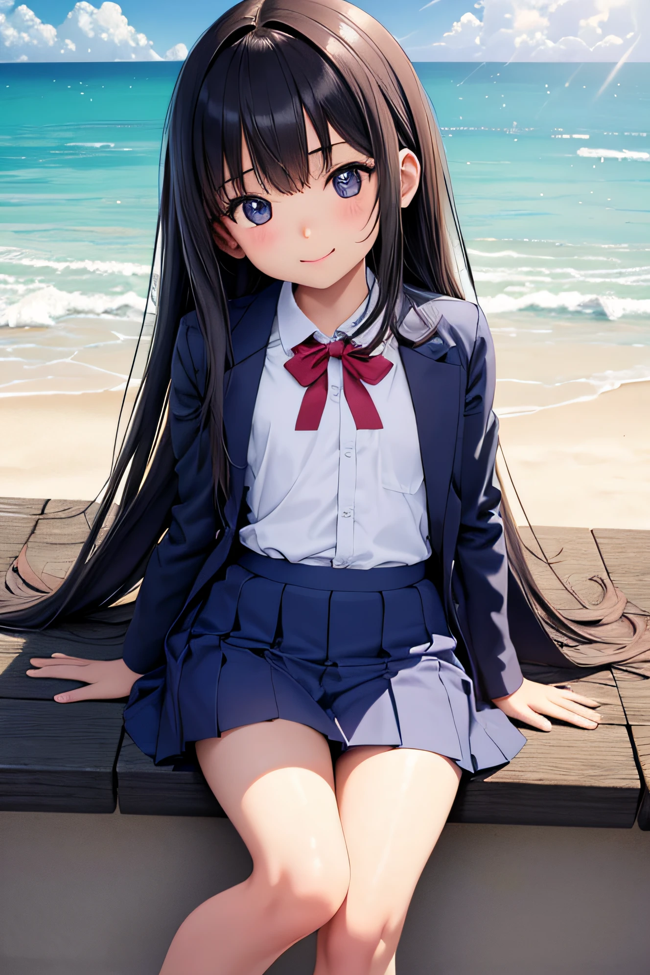 superfine illustration, Perfect Anatomy, Best Quality, Hires, amazing shading, Beautiful skin, 1 little girl, School Uniforms , Full body, A smile、the beach:1.5、the pose、行走、flat chest