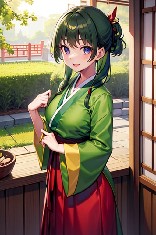 Best Quality, masutepiece, 1girl in, (Solo:1.1), 光线追踪, ultra-detailliert,Detailed face, 8K Wallpaper, Smile, Maomao_NDV, 1girl in, (Green hair:1.1), medium breasts, Long hair, Purple-blue eyes, Japan clothes,  plein air, Long skirt, Long cleavage, Green kimono, Red skirt、huge tit、De S Face