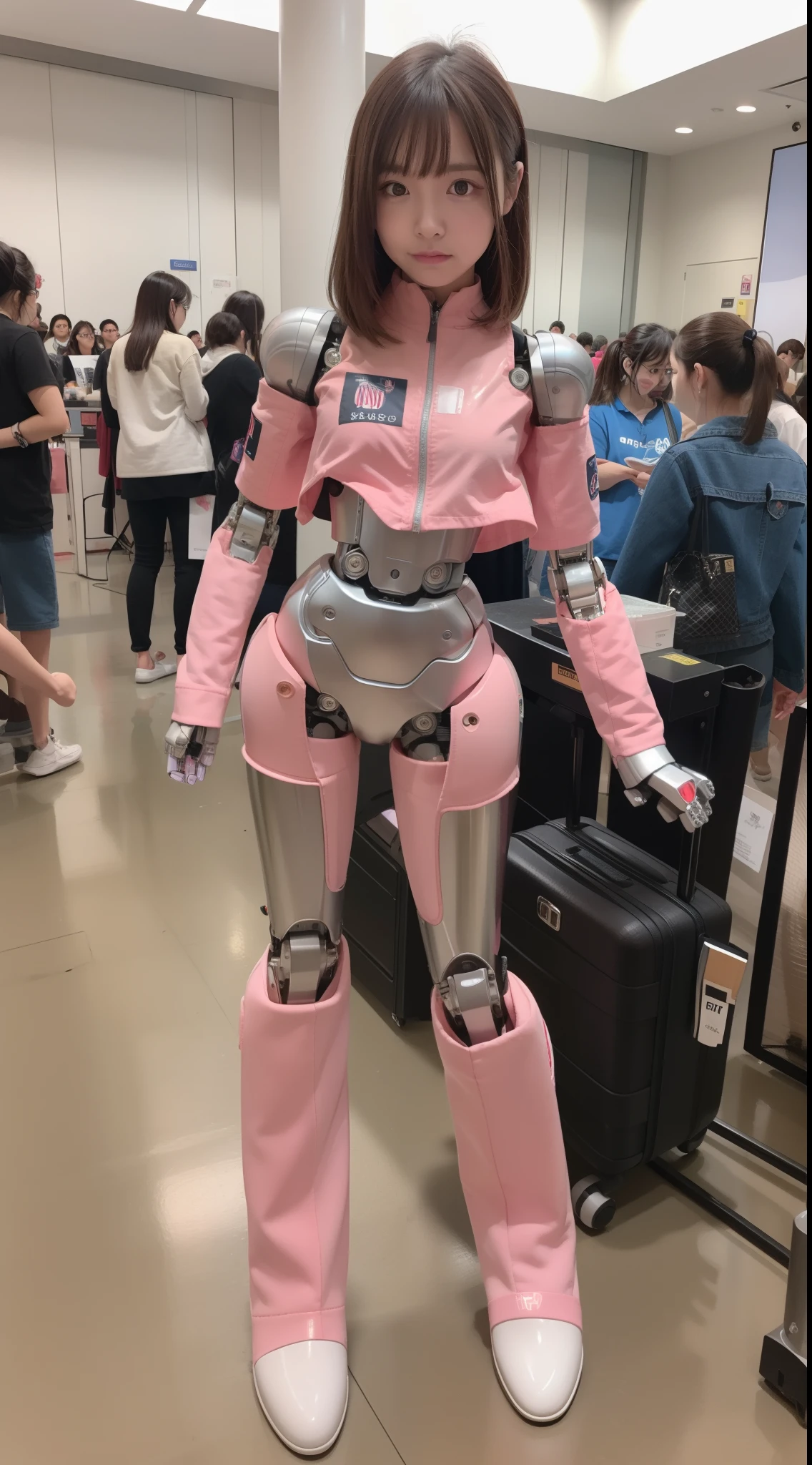 Robot Girl, pink there, Silver, Metallic body, Robot Parts, Metal Parts, Super Detailed Face, Super well-formed face, of the highest quality, a small face, a small head, Brown hair, Slender body, Camera gaze, Internal Mechanical Exposure, Idol, front facing, Well-proportioned body, sale, Exhibited, Event Hall, Moe Pose, Standing with legs open, Model body type, sad, Embarrassing,(Perfect Robot Girl),(Perfect machine body)