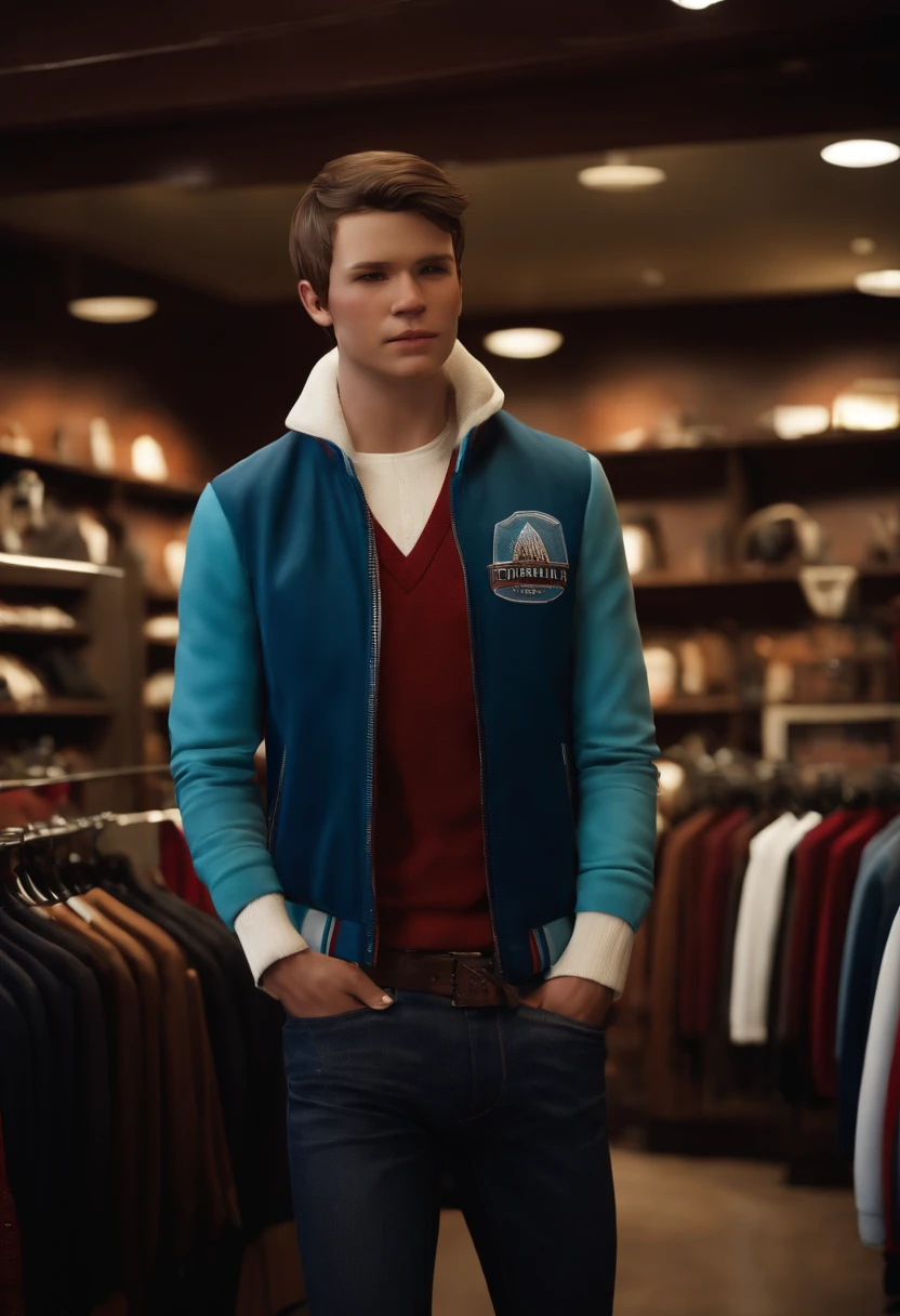 A photo of Nathan angrily trying on a suit in a high-end clothing store,Life is Strange video game series,Nathan is a teenage boy with blue eyes, slicked back light brown hair, light freckles, wears a red letterman jacket, mean expression, male