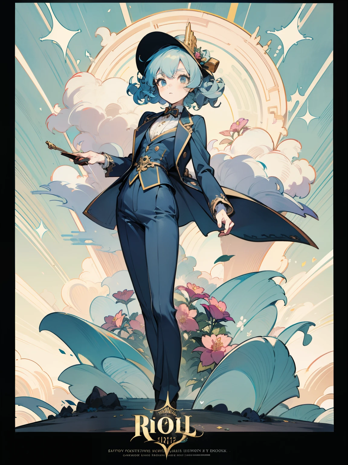 Anime girl in a retro style suit. print on a trouser suit , poof,  , strewn with flowers, ornate outfit, curly hair, artbook artwork, Retro anime, Loli in costume, in a fancy, elegant suit, official artwork, careful drawing with fine ink, Korean anime in retro style, Cute anime waifu in a beautiful suit, anime cover, lolita fashion, aristocratic appearance, artbook, official artbook, Lolita style, Dynamic posture, light pastel colors