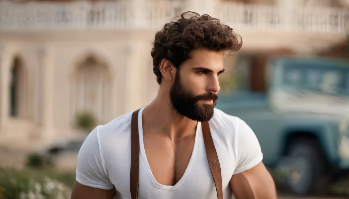 20-year-old man, Hairy chest, hairy shoulders, Sparse chest hair, the hair, Strong masculine characteristics, Very attractive bearded man, Handsome and bearded man, Partially hairy male torso, barbu, highly, masculine features, Curly beard, Perfect details, Very realistic, eBlue eyes, Characteristics of Arabic, Random Summer Outfits