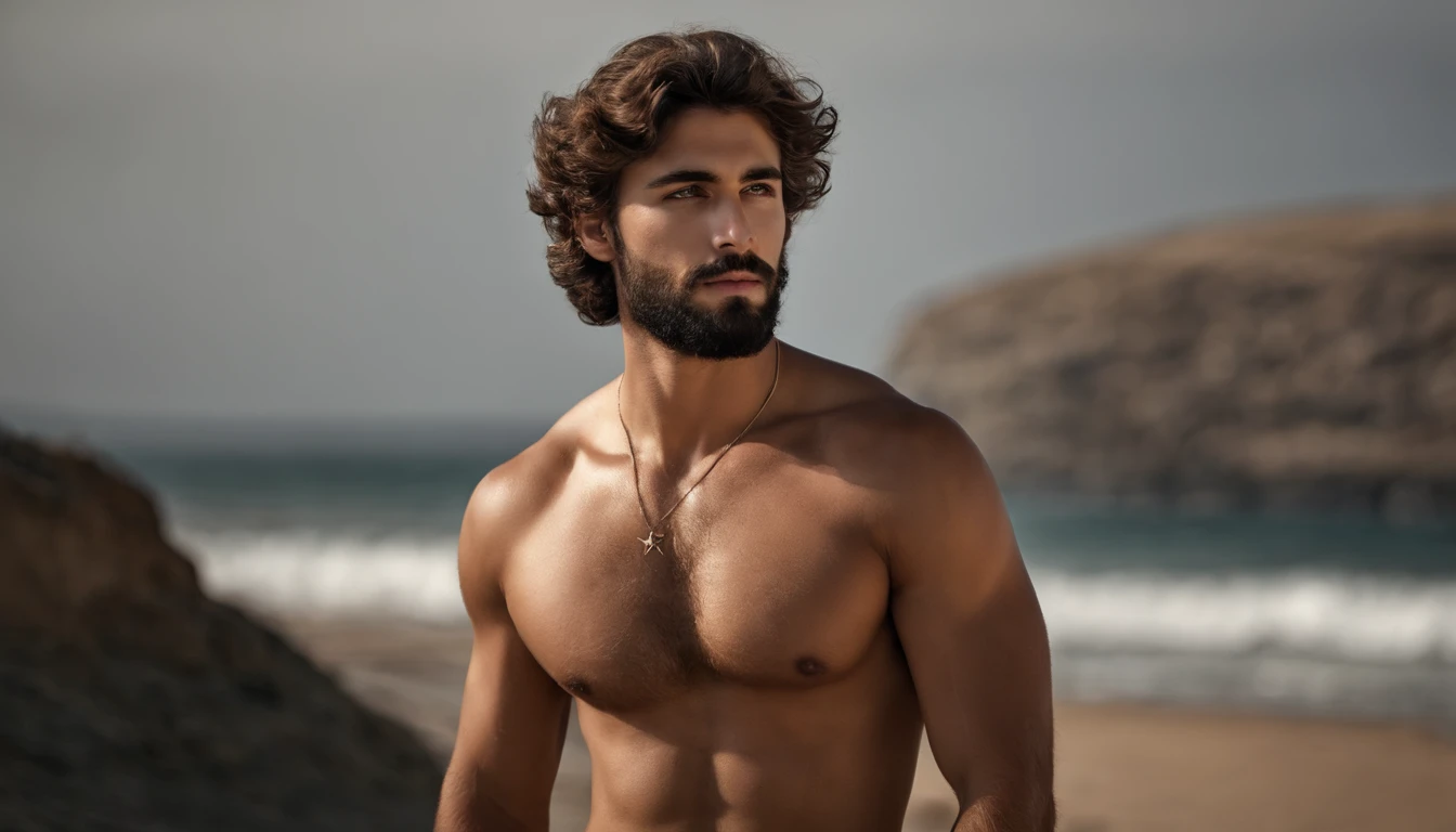 20-year-old man, Hairy chest, hairy shoulders, Sparse chest hair, the hair, Strong masculine characteristics, Very attractive bearded man, Handsome and bearded man, Partially hairy male torso, barbu, highly, masculine features, Curly beard, Perfect details, Very realistic, eBlue eyes, Characteristics of Arabic, Random Summer Outfits