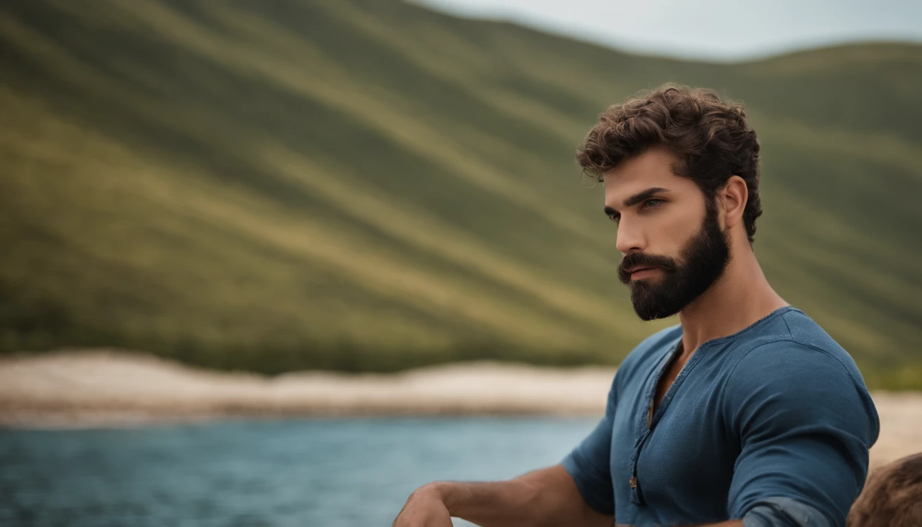 20-year-old man, Hairy chest, hairy shoulders, Sparse chest hair, the hair, Strong masculine characteristics, Very attractive bearded man, Handsome and bearded man, Partially hairy male torso, barbu, highly, masculine features, Curly beard, Perfect details, Very realistic, eBlue eyes, Characteristics of Arabic, Random Summer Outfits