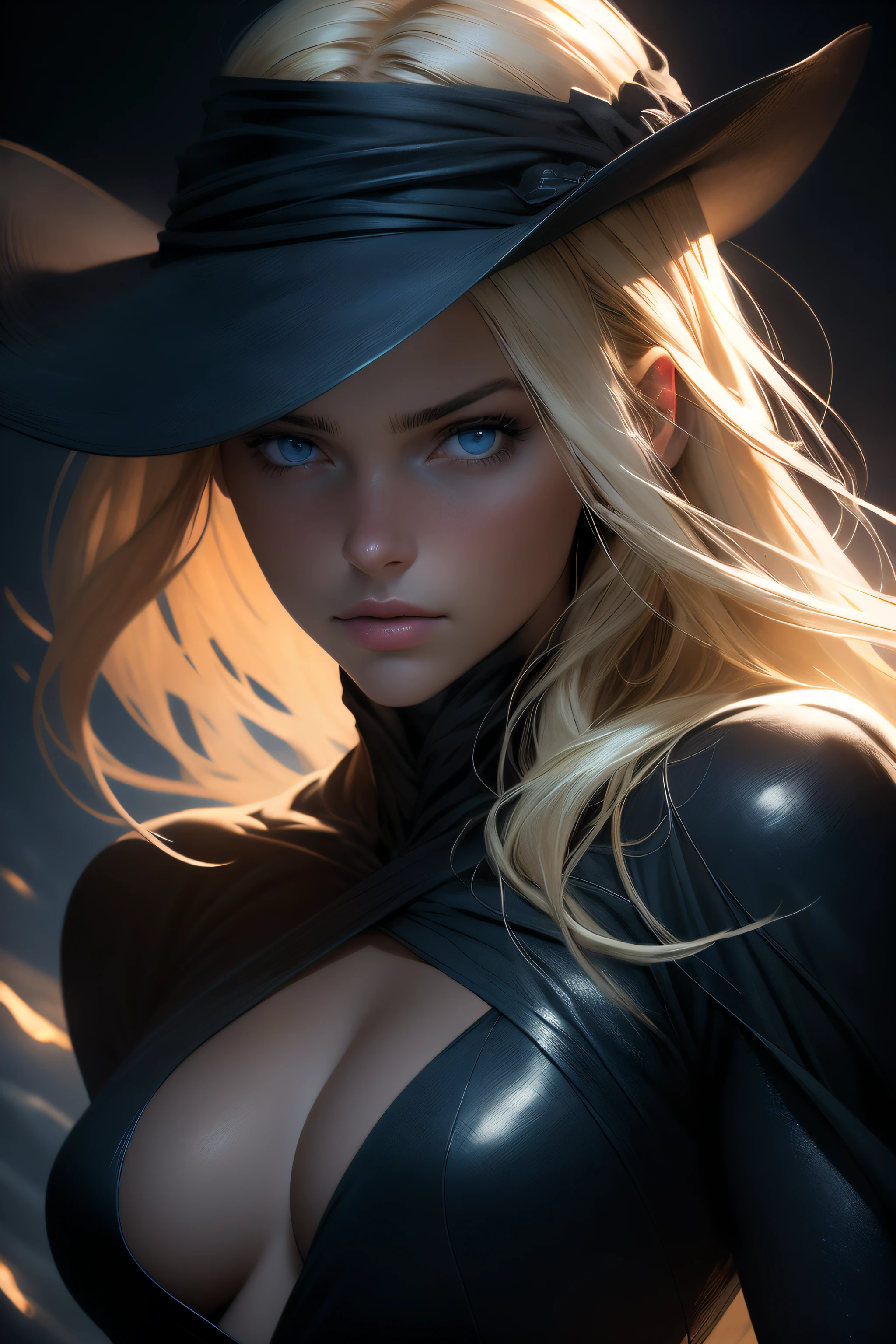 Best quality, masterpiece, ultra high res, (photorealistic:1.4), raw photo, 1girl, blonde hair, blue eyes, detailed eyes and face, black suit, dynamic lighting, in the dark, deep shadow, low key, cowboy shot full-lenght body