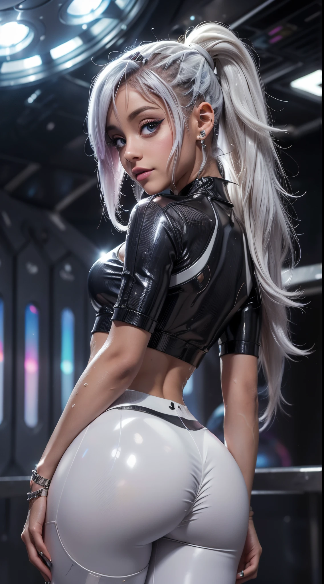 (Masutepiece, La mejor calidad), Ariana Grande con cola de caballo de pelo plateado, ((Wet Shear Detailed White Crop Top)), ((white Leggings finos transparentes)), zapatillas blancas, un collar, Tobilleras, cabello ondulado, Cara perfecta, Cara hermosa, tentador, Grandes ojos hermosos, Tengo la boca bien abierta, labios rojos, maquillaje, sonrisa seductora, cuerpo voluptuoso, sonrisa seductora, Cuerpo glamuroso, un cuerpo mojado, pose sugerente, Vista posterior, shot from behind, Paisaje urbano lluvioso, Mojado por la lluvia, colores brillantes,(background futuristic space station alien technology:1.4), (Ojos hermosos azules ),(Ariana Grande:1.2),(technology futuristic dystopia)