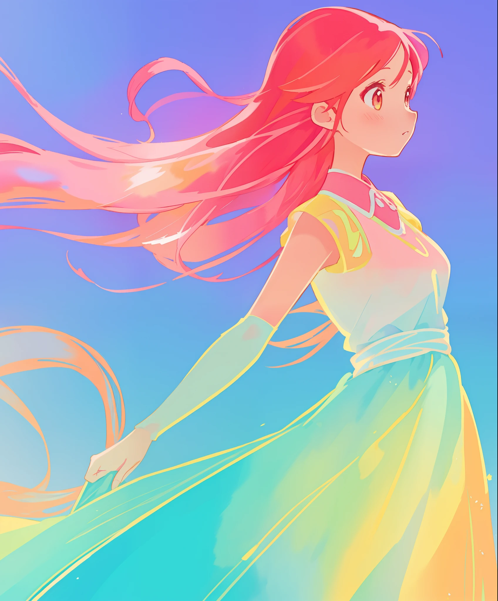 beautiful girl in colorful gradient flowing dress, long flowing red pink hair, colorful fantasia background, watercolor illustration, disney art style, beautiful digital illustration, beautiful, masterpiece, best quality, anime disney style, beautiful face