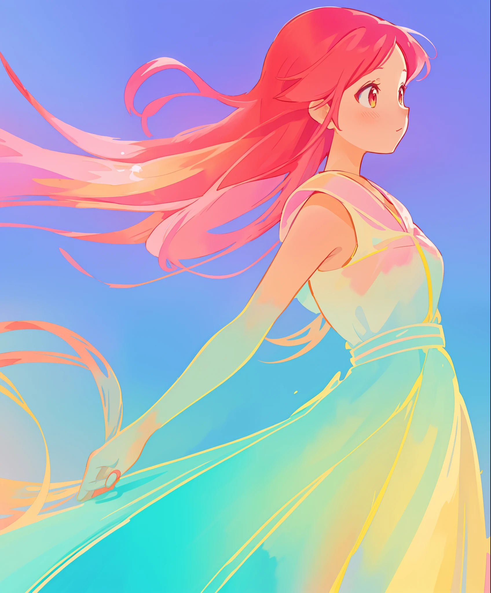 beautiful girl in colorful gradient flowing dress, long flowing red pink hair, colorful fantasia background, watercolor illustration, disney art style, beautiful digital illustration, beautiful, masterpiece, best quality, anime disney style, beautiful face