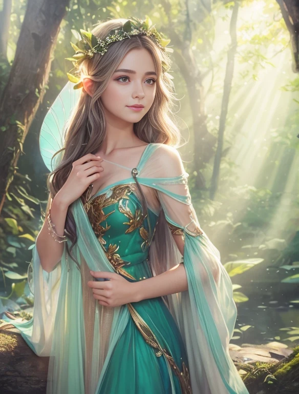 La mejor calidad, Ultra detallado, realista, elven fairy, joven, vestido transparente hermosa sonrisa, cabello sedoso y ondulado, rubio, Ojos y cara detallados, long eyeslashes, Ambiente encantador, magic forest, ethereal light, alas delicadas, postura elegante, nature inspired backdrop, colores vibrantes, Dream scene