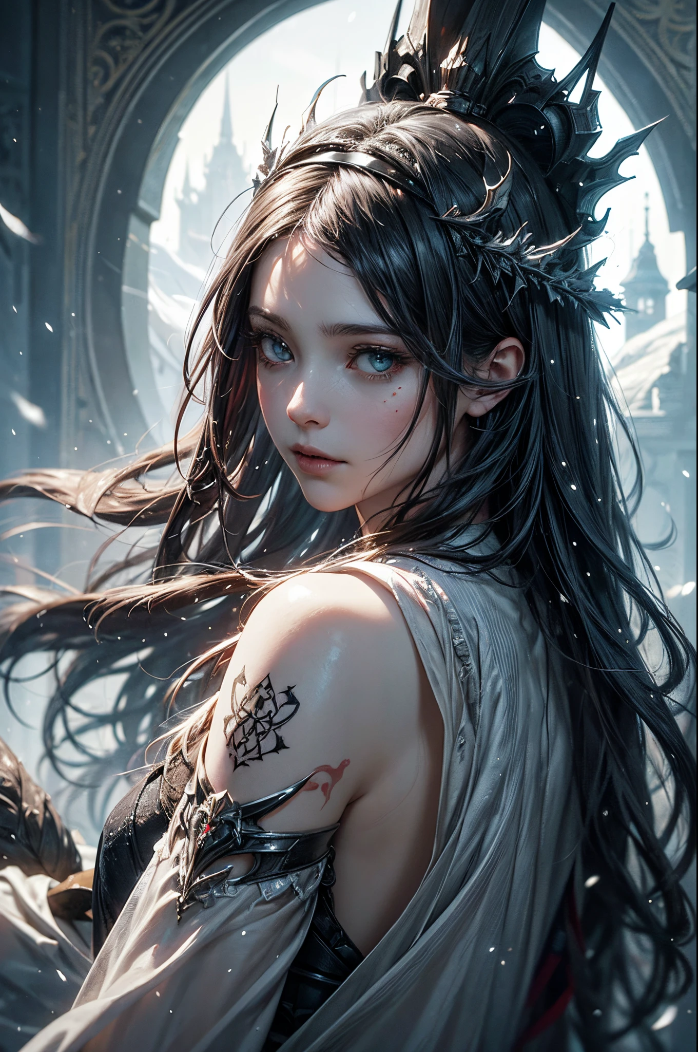 (snowstorm, dissolve:1.3), greg rutkowski style, many details, symmetric, dark fantasy, dark botanical, intricate, tattoo, imaginative, highly detailed
