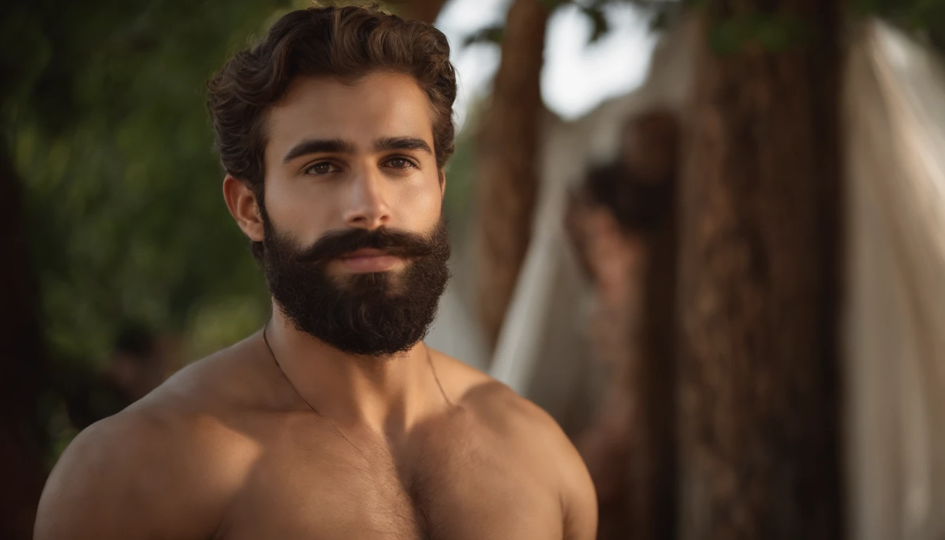 20-year-old man, Hairy chest, hairy shoulders, Sparse chest hair, the hair, Strong masculine characteristics, Very attractive man, Handsome men, Partially hairy male torso, barbu, highly, masculine features, Curly beard, Perfect details, Very realistic, eBlue eyes, Characteristics of Arabic, Random Summer Outfits