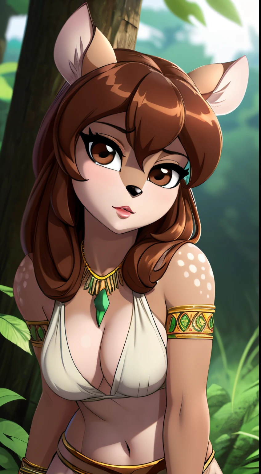 ((ultra quality)), ((tmasterpiece)), Deer Girl, furry doe, ((there are only deer ears)), ((there is a deer tail in the back)) (brown-haired woman, long straight hair), (green leaves in hair), (Beautiful cute face), (beautiful female lips), Charming, (doe nose), ((sexy facial expression)), is looking at the camera, eyes are slightly closed, ((skin color brown)), Body glare, ((detailed beautiful female eyes)), ((dark brown eyes)), (juicy female lips), (beautiful female hands), ((perfect female figure)), perfect female body, Beautiful waist, black claws, beautiful breasts, ((Subtle and beautiful)), seductively worth it ((frontal view)), (wearing a green tribal loincloth, green tribal top, Tribal jewelry) background: Night Forest, kali, ((Depth of field)), ((high quality clear image)), (crisp details), ((higly detailed)), Realistic, Professional Photo Session, ((Clear Focus)), the anime, NSFW