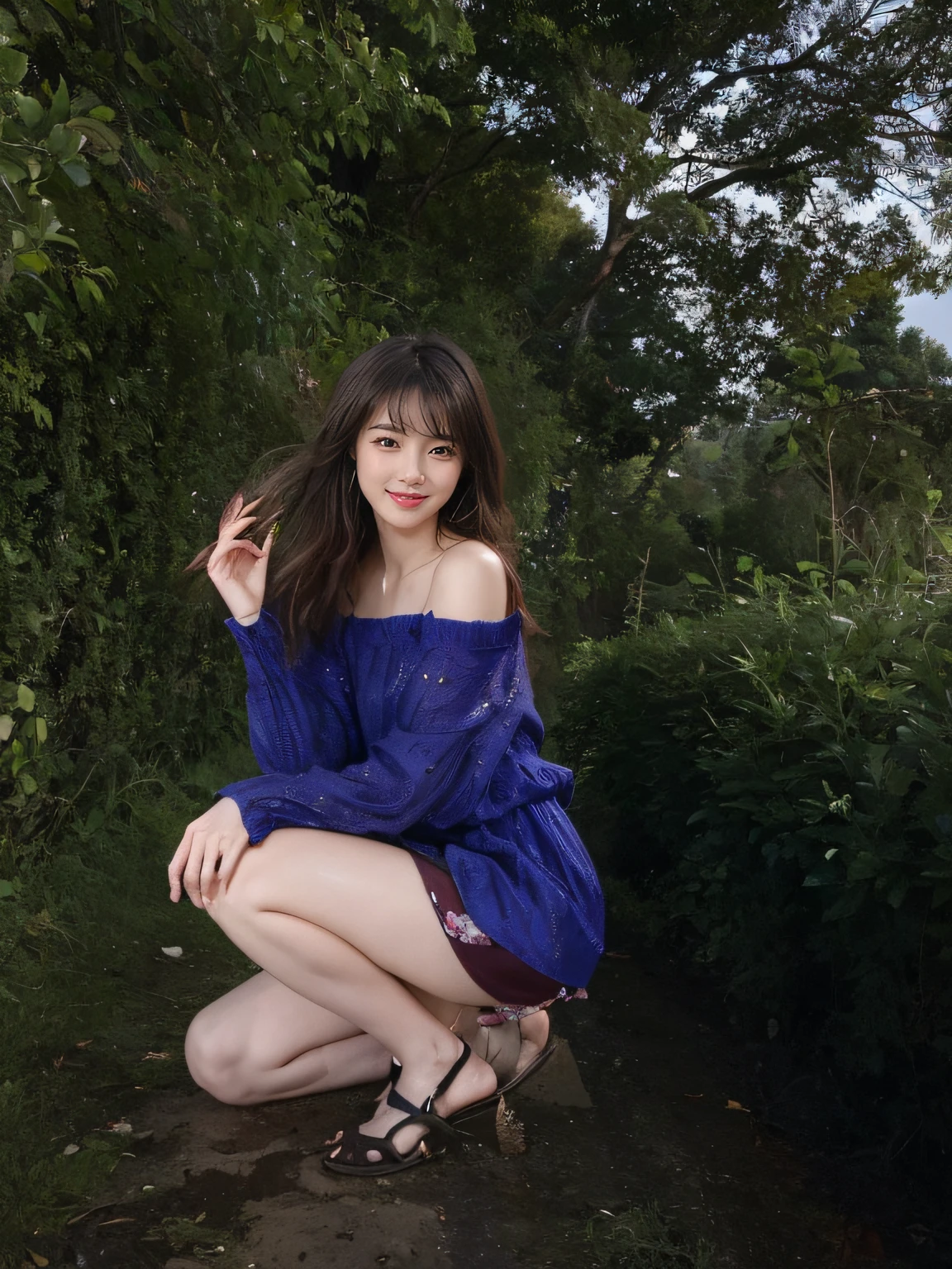Poussin-style landscape,A smile,,Sweet and seductive appearance.、Caravaggio's paintings、Chiaroscuro of Caravaggio、Hair disheveled in the wind,Cute smile, Expression of ecstasy