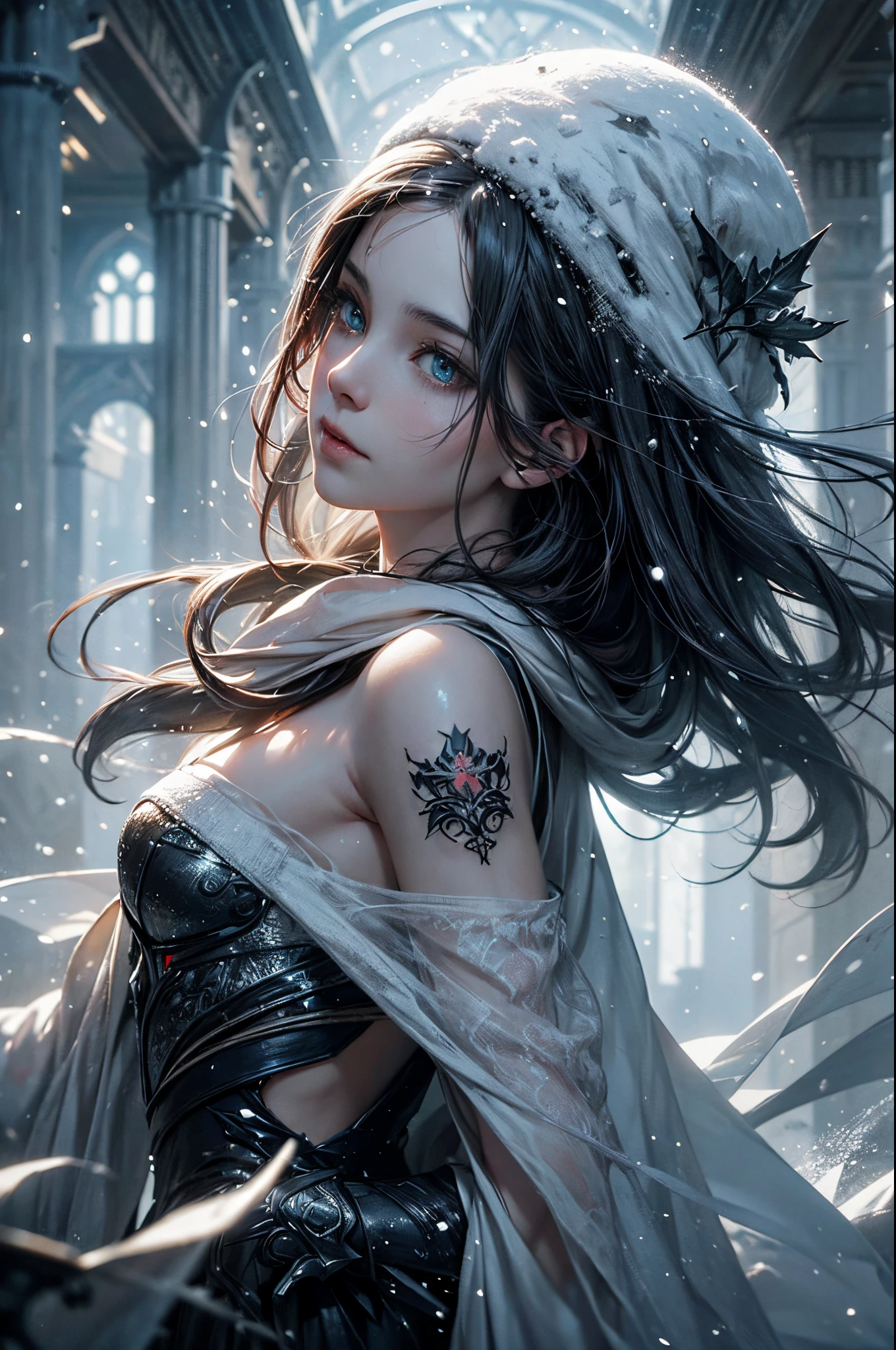 (snowstorm, dissolve:1.3), greg rutkowski style, many details, symmetric, dark fantasy, dark botanical, intricate, tattoo, imaginative, highly detailed