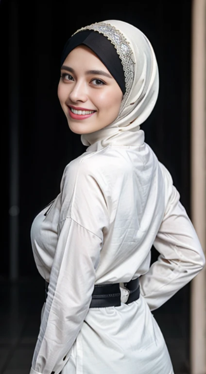 Best quality, Masterpice, highres, Photorealistic european hijab Woman, Full body Perfect Body, Perfect Face, Smiling, HD, distance frame, big breast, big butt, pose from behind, close white long shirt