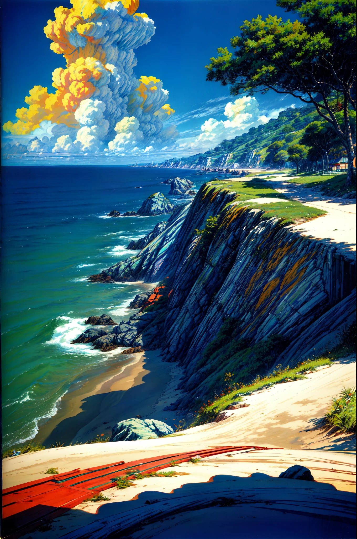(masterpiece:1.2), (aesthetic:1.2), (best quality:1.2), (absurdres:1.2), ultra detailed, ray tracing, cloud, blue sky, outdoors, ocean, beach, boardwalk, scenery, retro artstyle, 1990s (style)