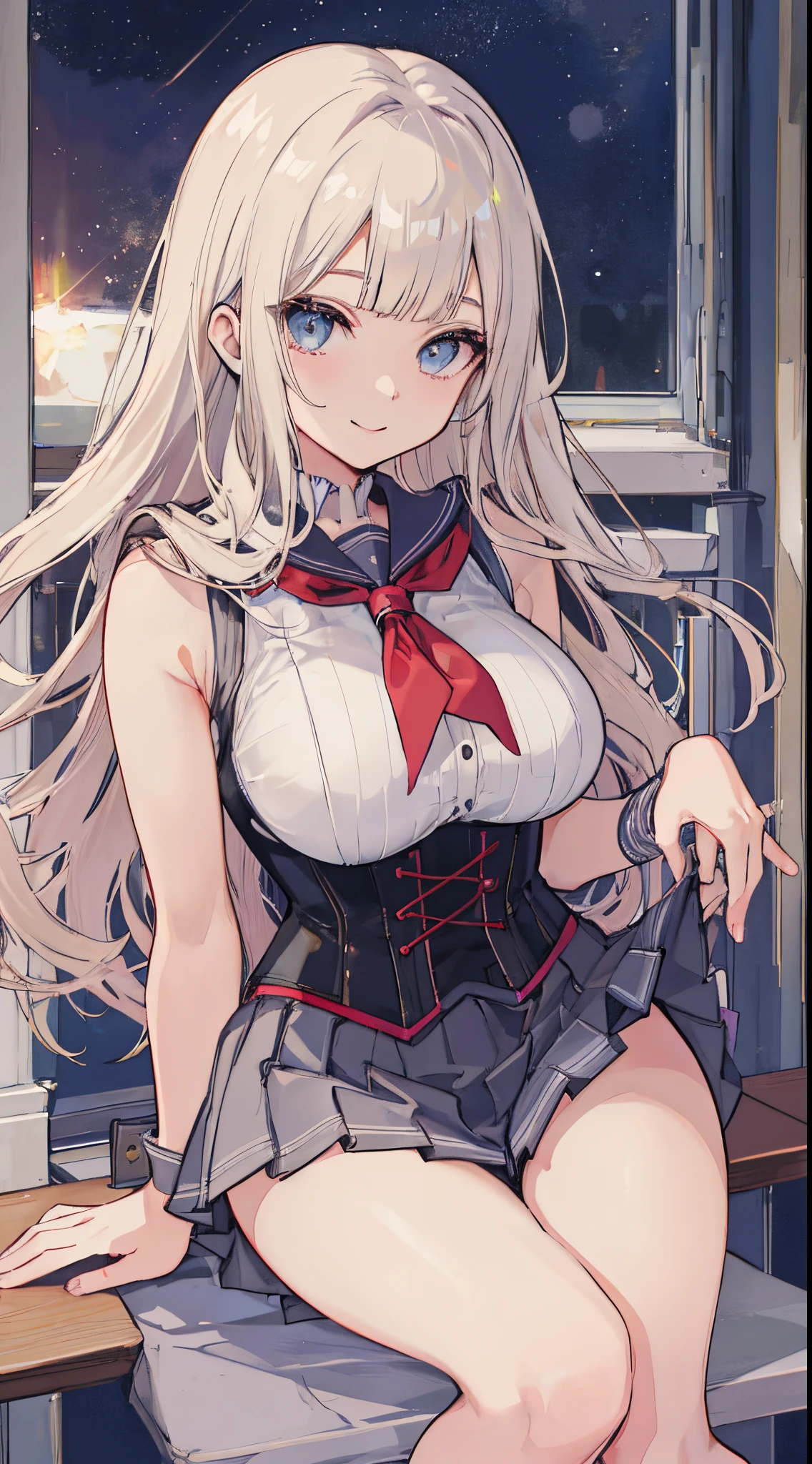 top-quality、realistic touch,high-detail、photoRealstic、Long body、captive beauty、big eye、Colossal tits、Strong platinum blonde eyelashes、platinum-blond、full body Esbian、Sparkling eyes、Submissive smile、Flushed cheeks、Kamimei、thin-waist、Voluptuous thighs、Enraptured look、Raked bangs、The forehead is protruding、Tight sailor uniform、thigh-high socks、sleeveless、Tight and short skirt with a large slit、A corset that emphasizes your breasts、Shoulder straps integrated with corset、Inside a school classroom、I'm not wearing panties、One-piece type costume