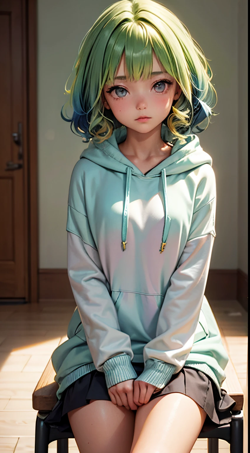 1girl in, Solo, Solo Focus, Cowboy Shot, Portrait, oversized hoodie, Aqua green and white hoodie, Half Aqua, Half Green, ((Brown hair)), (Yellow hair), (Gradient Hair :1.5), Curly hair, ((Pink eyes)), ultradetailed eyes, asa, (Caramel Black Skin:1.1), Best Quality, Ultra-detailed, White background, Simple background