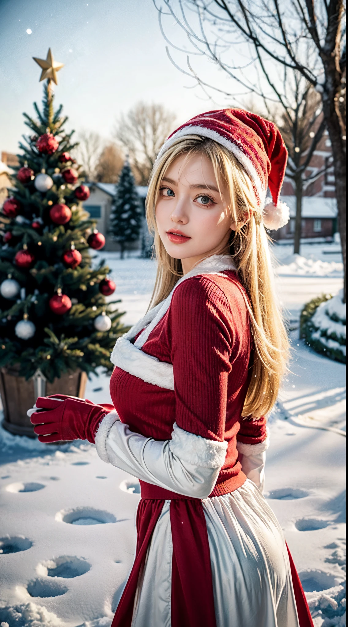 Girl in y2k christmas costume, blonde hair Emo Pin up Girl, red and white and green christmas outfit, princess dress Christmas, y2k, 80s, Striking a pose, natural make up, skinny girl, sassy girl, it girl, outside the snowy house, snowball, snow falling, snowman, Christmas tree, christmas lamp, strong Christmas atmosphere, midshot, cowboy shot, centered image
