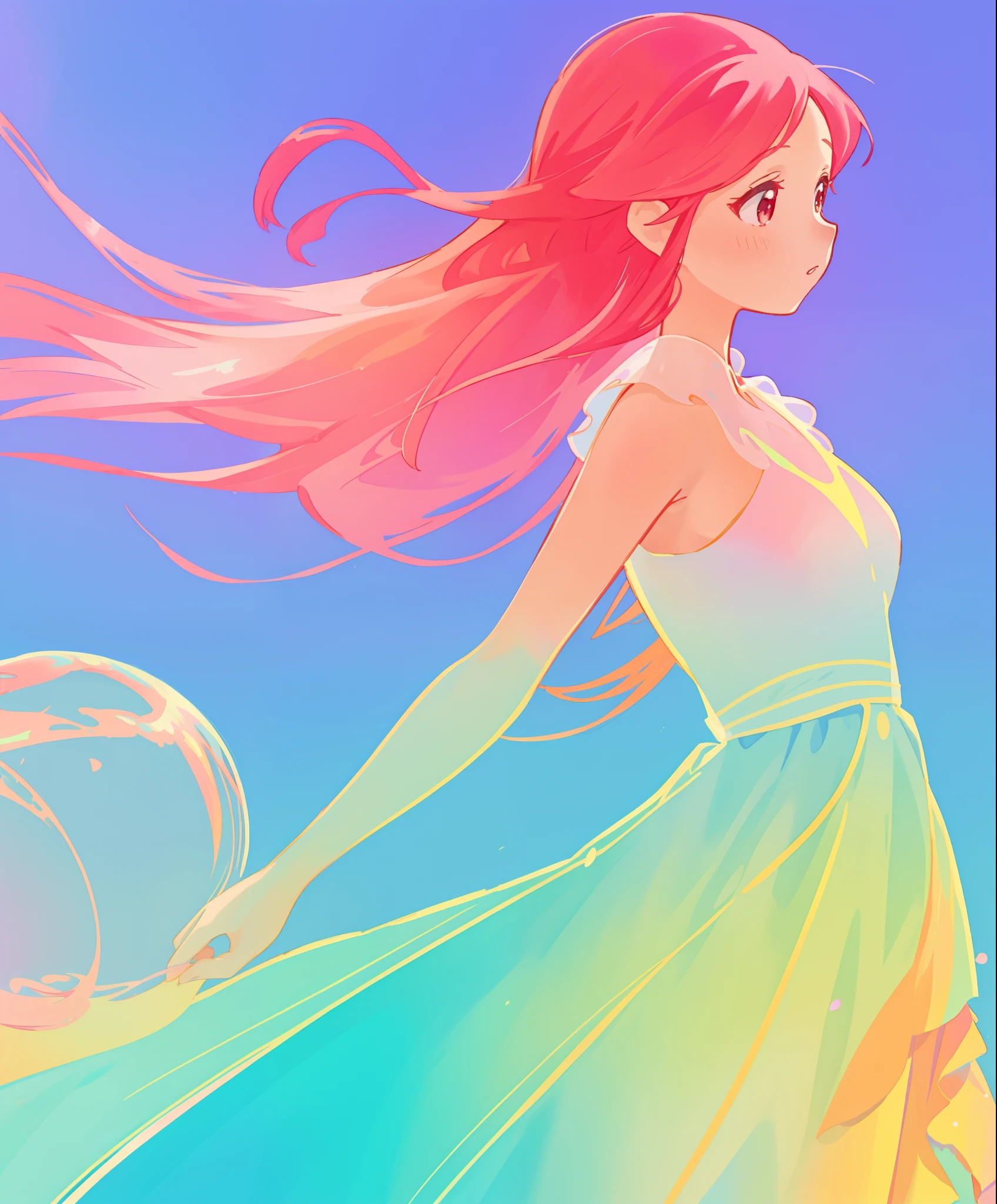 beautiful girl in colorful gradient flowing dress, (((layered gradient flowing ballgown))), long flowing red pink hair, colorful fantasia background, watercolor illustration, disney art style, beautiful digital illustration, beautiful, masterpiece, best quality, anime disney style, beautiful face