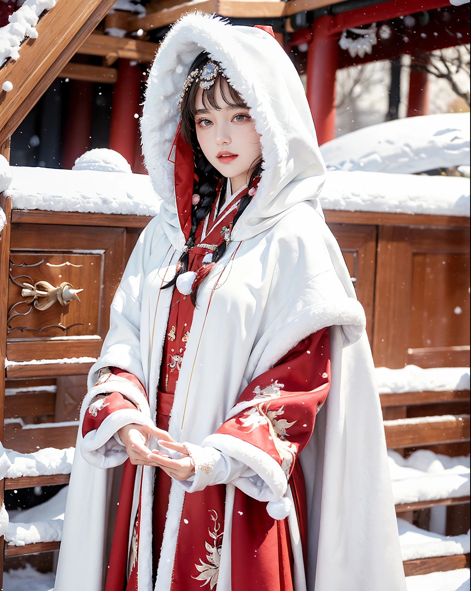 masterpiece, best quality, realistic, 8k, official art, cinematic light, ultra high res, 1girl, day, sunlight, light on face, (white hanfu), (Winter hanfu:1.2), (cloak:1.2), (snow:1.3),(upper body)
 French twist, jewelry ,necklace , Appalachian