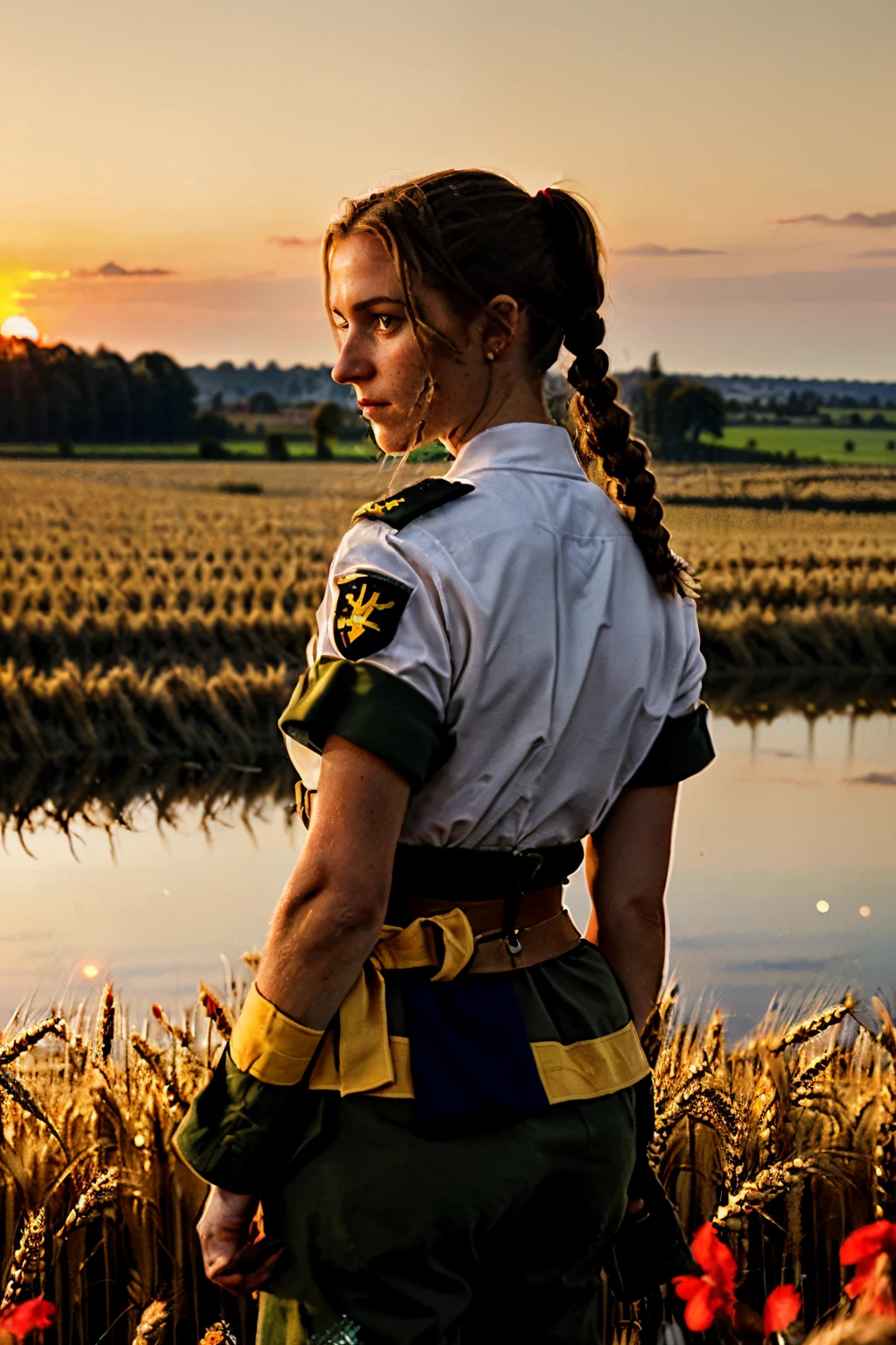 A girl in a Nazi soldier uniform with a blank look stands at waist height in a wheat field, um quimono preto com bordas douradas, Her hair is tied up in a ponytail, olhos amarelos, The sunset is reflected in your eyes, a luz cai em seu rosto, Half side to camera