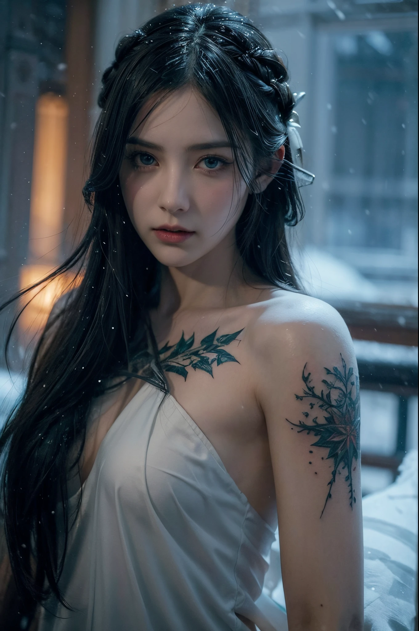 (snowstorm, dissolve:1.3), greg rutkowski style, many details, symmetric, dark fantasy, dark botanical, intricate, tattoo, imaginative, highly detailed