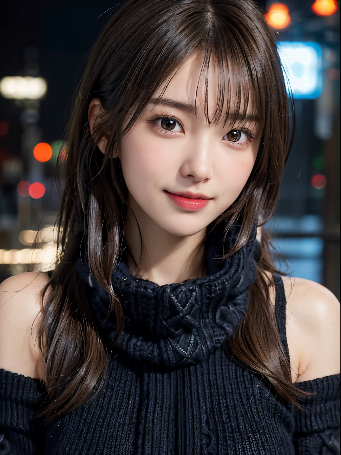 1 japanese girl,(Black sweater:1.4),(She wears a knitted snood around her neck to hide her chin............:1.5), (Raw photo, Best Quality), (Realistic, Photorealsitic:1.4), masutepiece, extremely delicate and beautiful, Extremely detailed, 8k wallpaper, amazing, finely detail, extremely detailed CG Unity, hight resolution, Soft light, Beautiful detailed 19 year old, extremely detailed eye and face, beautiful detailed nose, Beautiful detailed eyes,Cinematic lighting,city light at night,Perfect Anatomy,Slender body,Smiling (hair messy, asymmetrical bangs, light brown hair,)