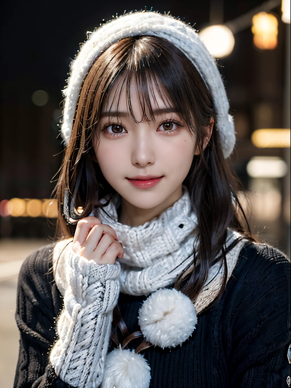 1 japanese girl,(Black sweater:1.4),(She wears a knitted snood around her neck to hide her chin............:1.5), (Raw photo, Best Quality), (Realistic, Photorealsitic:1.4), masutepiece, extremely delicate and beautiful, Extremely detailed, 8k wallpaper, amazing, finely detail, extremely detailed CG Unity, hight resolution, Soft light, Beautiful detailed 19 year old, extremely detailed eye and face, beautiful detailed nose, Beautiful detailed eyes,Cinematic lighting,city light at night,Perfect Anatomy,Slender body,Smiling (hair messy, asymmetrical bangs, light brown hair,)