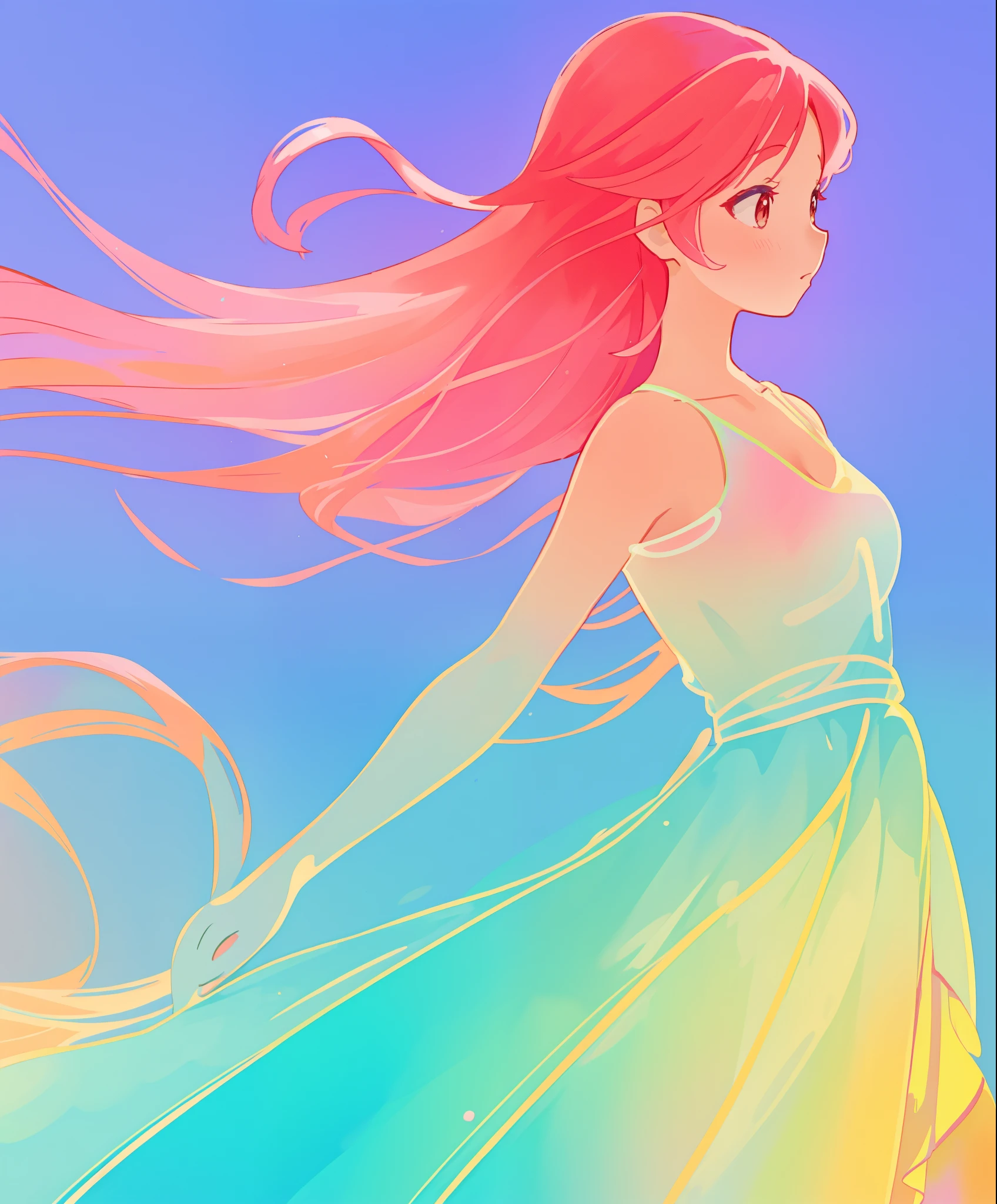 beautiful girl in colorful gradient flowing dress, (((layered gradient flowing ballgown))), long flowing red pink hair, colorful fantasia background, watercolor illustration, disney art style, beautiful digital illustration, beautiful, masterpiece, best quality, anime disney style, beautiful face