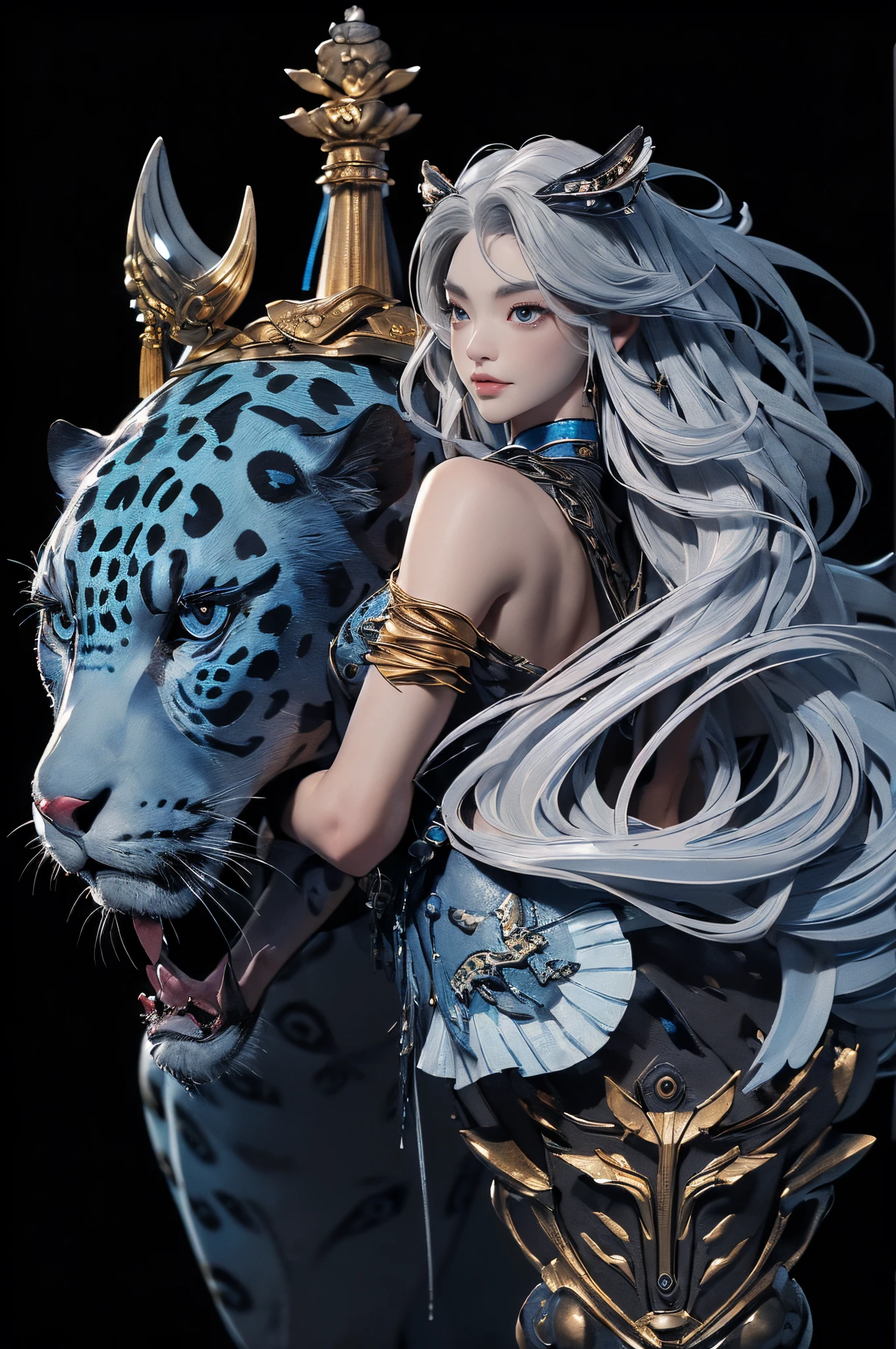 ((Sculpture design)),((full body portrait of person:1.6)),((undying)),((tmasterpiece)),【Create a LOGO based on:(femele),(Chinese mythology:1.5),(There's a jaguar next to me:1.6),(A MILF,熟妇,mature,big chest and thin waist,long leges,Goddess Fan,revealing breasts,),(dynamicposes),(Enchanting figure),(Perfect woman),(Long layers of silver hair:1.4),ear nipple ring,((Headdress symbolizing God))】,((Fluttering skirts)),(dunhuang:1.2),((Sexual suggestiveness)),(Computer graphic arts:1.4), (s fractal art: 1.2),(( 32K,A high resolution,hyper HD,)), (( Professional Quality,Perfect photography, Ray traching, perfect volumetric lighting, High quality octane rendering, High quality vectors)), ((hyper-detailing:1.2,Complicated details:1.2)), ((ultra real photo,フォトリアリスティック,3 Rendering)),((epic image)),(Blind box toy style:1.6),((simple backgound,Deep dark background:1.2,with black background)),((Detailed faces)),((詳細な目)),((Clean the skin)),(correct hand:1.6),(Complete and beautiful five fingers:1.6),(Head and body proportion anatomical model:1.6),(Anatomically correct perspective and occlusion:1.5),(Correct anatomy:1.5),(Add a base:1.6),(Tangled pedestal::1.6),(Character-centric:1.4),