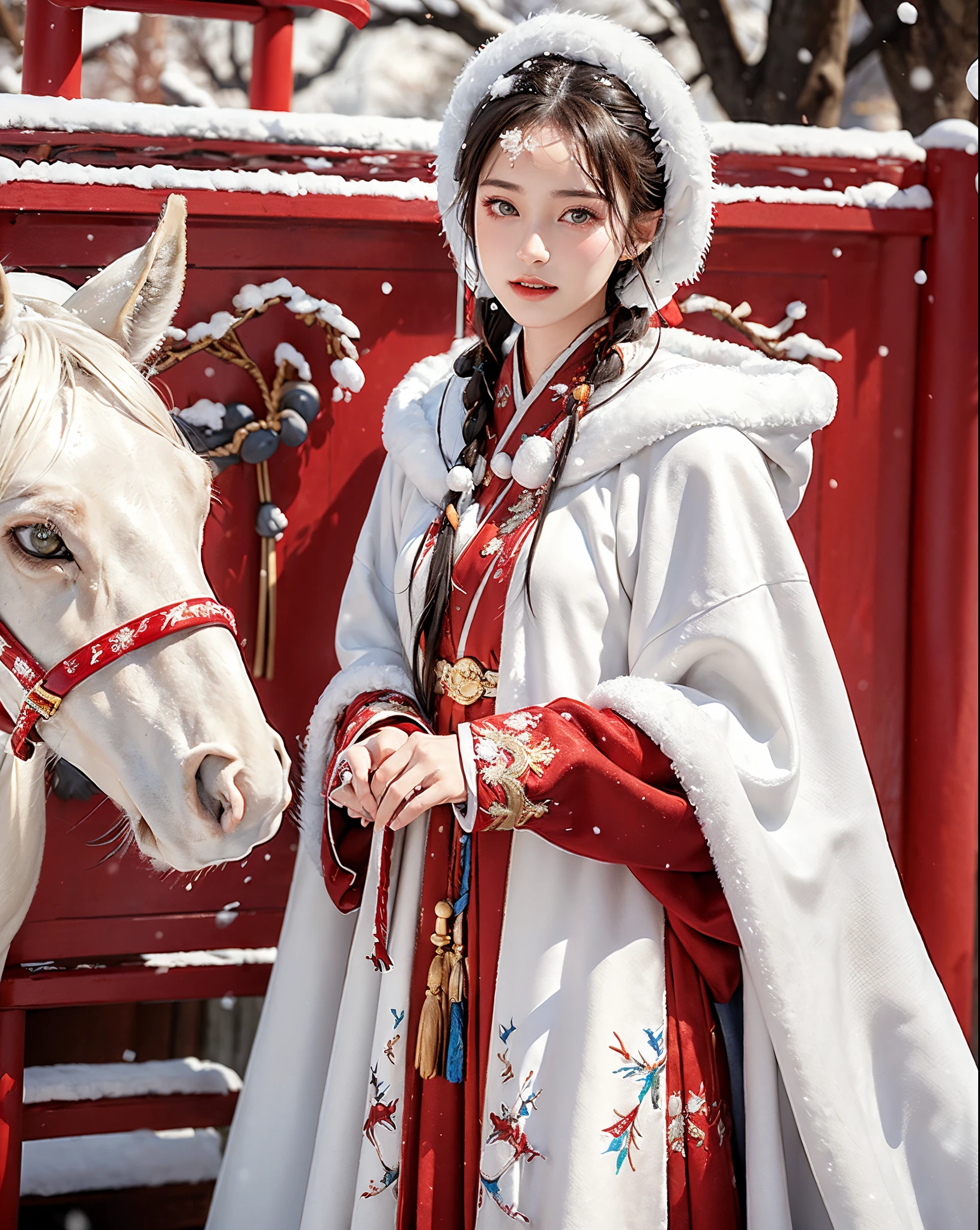 masterpiece, best quality, realistic, 8k, official art, cinematic light, ultra high res, 1girl, day, sunlight, light on face, (white hanfu), (Winter hanfu:1.2), (cloak:1.2), (snow:1.3),(upper body), horse,
 French twist, jewelry ,necklace , Appalachian