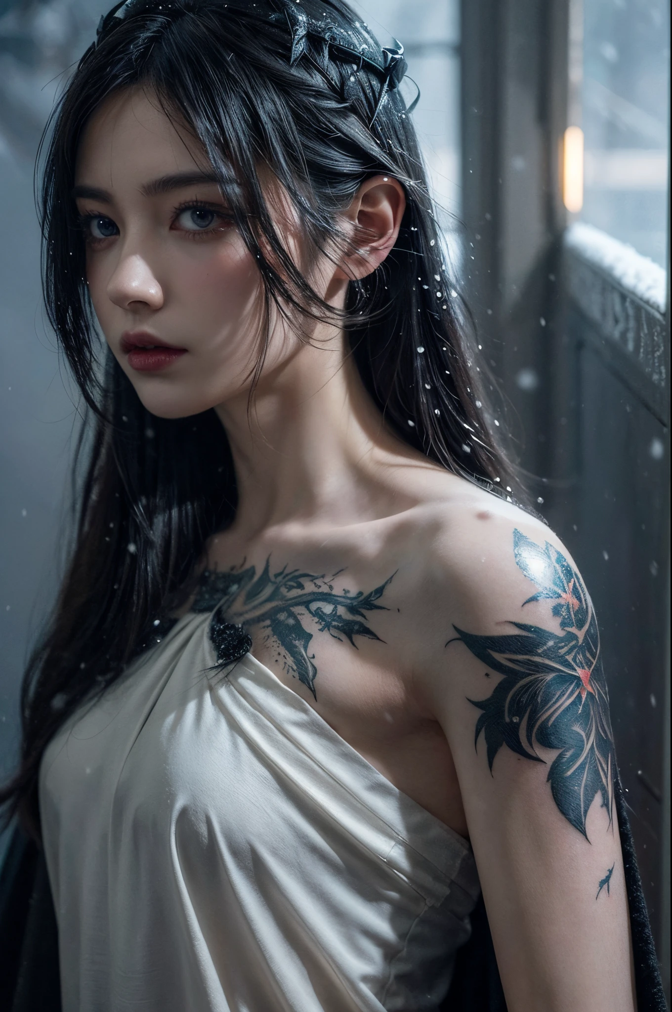 (snowstorm, dissolve:1.3), greg rutkowski style, many details, symmetric, dark fantasy, dark botanical, intricate, tattoo, imaginative, highly detailed