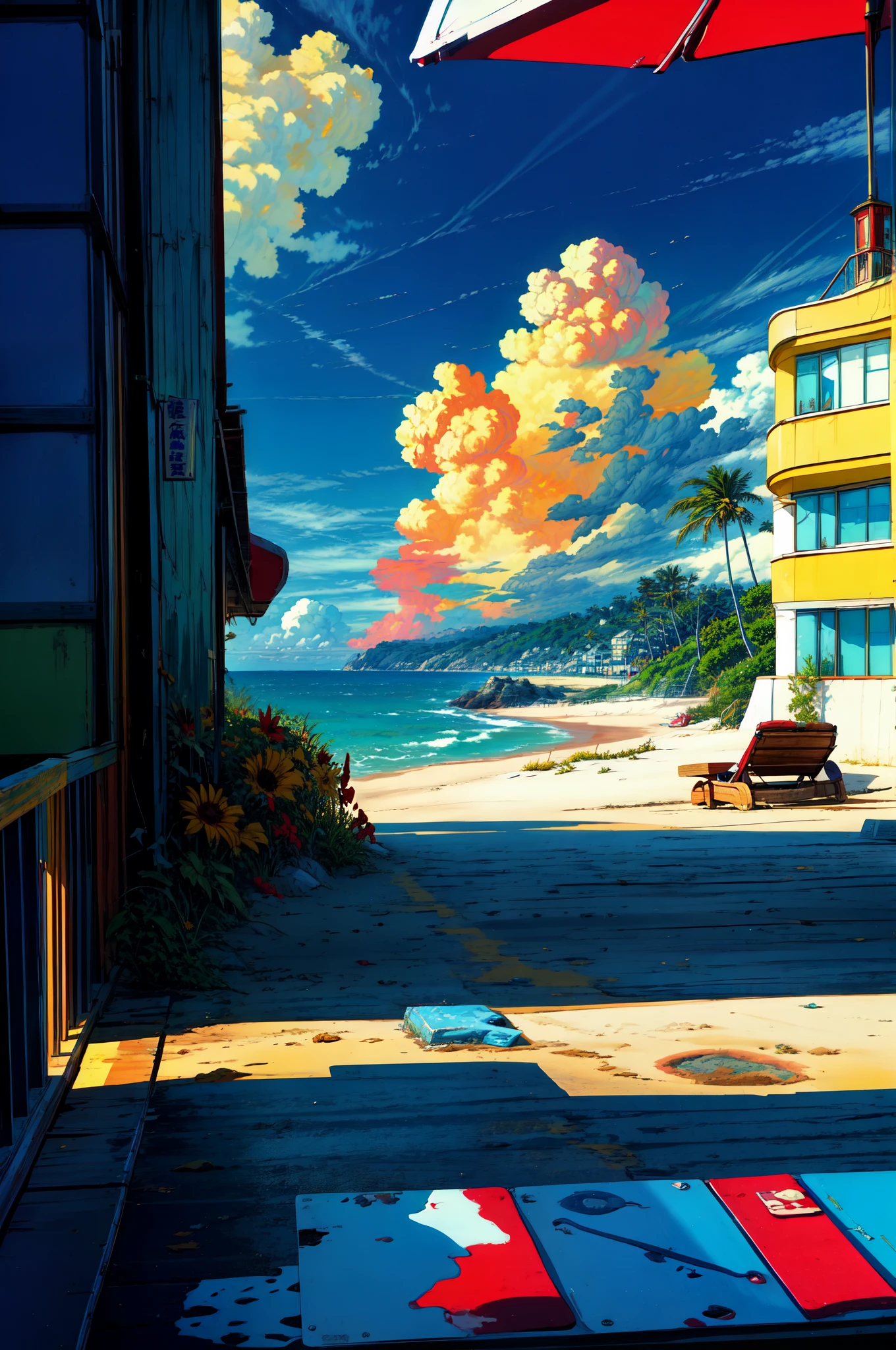 (masterpiece:1.2), (aesthetic:1.2), (best quality:1.2), (absurdres:1.2), ultra detailed, ray tracing, cloud, blue sky, outdoors, ocean, beach, boardwalk, scenery, retro artstyle, 1990s (style)