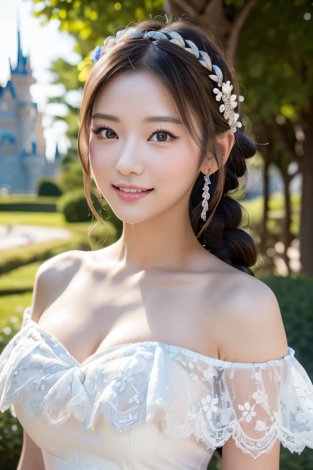 (ukiyoe painting:1.3),(3D Animation:1.3),(Grimm fairy tale world),(Aschenputtel,Cinderella,princess covered in ash:1.3),(Cinderella's Castle in the background:1.3),(((lace off shoulder white dress))),.(Make the subject look three-dimensional with the contrast of light and shadow),Cute and beautiful girl,Cute round face,Cute smile,with blush cheeks,Red Lip,(silver white hair,Floral braided headband,half up、Floral Braided Space Van,Voluminous Fishtail Braids,Twisted chignon,),(Bangs are see-through bangs),hair pin,hair adornments,detailed clothes features,Detailed hair features,detailed facial features,(Dynamic angles),(Dynamic and sexy poses),profetional lighting,Cinematic Light,(masutepiece,top-quality,Ultra-high resolution output image, depth of fields,) ,(The 8k quality,depth of fields,Anatomically accurate facial structure,),(Sea Art 2 Mode:1.3),(Image Mode Ultra HD,)