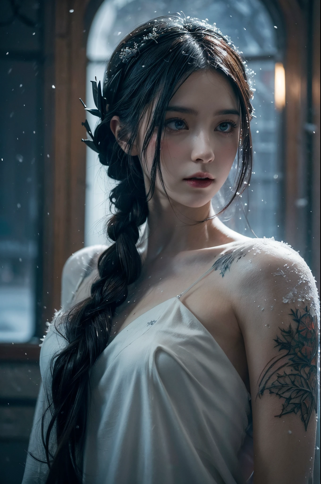 (snowstorm, dissolve:1.3), greg rutkowski style, many details, symmetric, dark fantasy, dark botanical, intricate, tattoo, imaginative, highly detailed