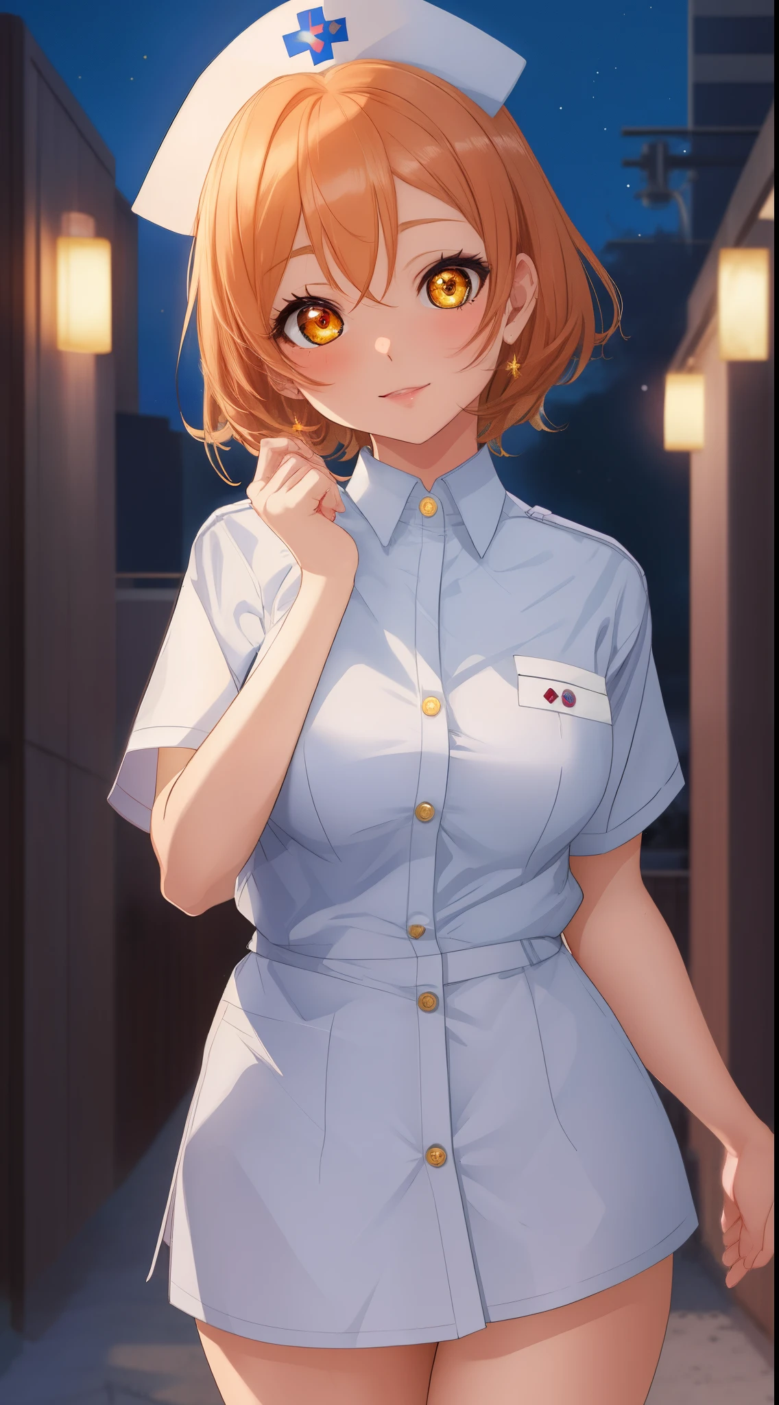 Masterpiece, sksrin, beautiful urban female model, under empty night stars, facial details, detailed body part details, 8k wallpaper,  looking at viewer, hospital, Hoshizora rin, short hair, nurse custom, thighs, golden ,glowing eyes, cowboy shot, sexy