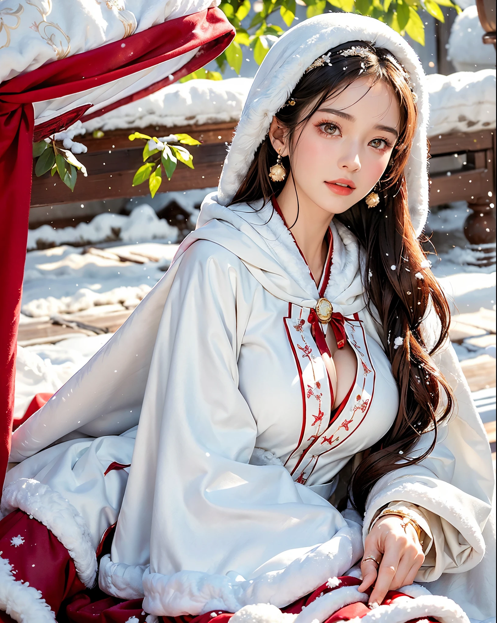 masterpiece, best quality, realistic, 8k, official art, cinematic light, ultra high res, 1girl, day, sunlight, light on face, huge breast, sexy, cleavage, (white hanfu), (Winter hanfu:1.2), (cloak:1.2), (snow:1.3),(upper body), 
 French twist, jewelry ,necklace , Appalachian