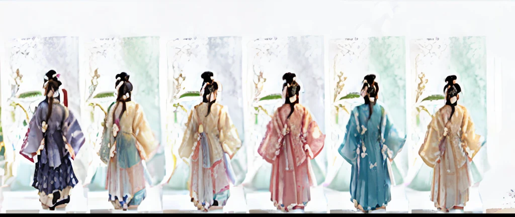 Several women in traditional Chinese costumes stand in a row, Wearing ancient Chinese clothes, clothing design, Hanfu, 宮 , A girl in Hanfu, TRADITIONAL CHINESE COSTUMES, costume design made with love, clothing design, ancient china art style, traditional japanese concept art, Chinese outfit, Intricate clothing design, Match with ancient Chinese costumes, character designs painting, ancient chinese beauti