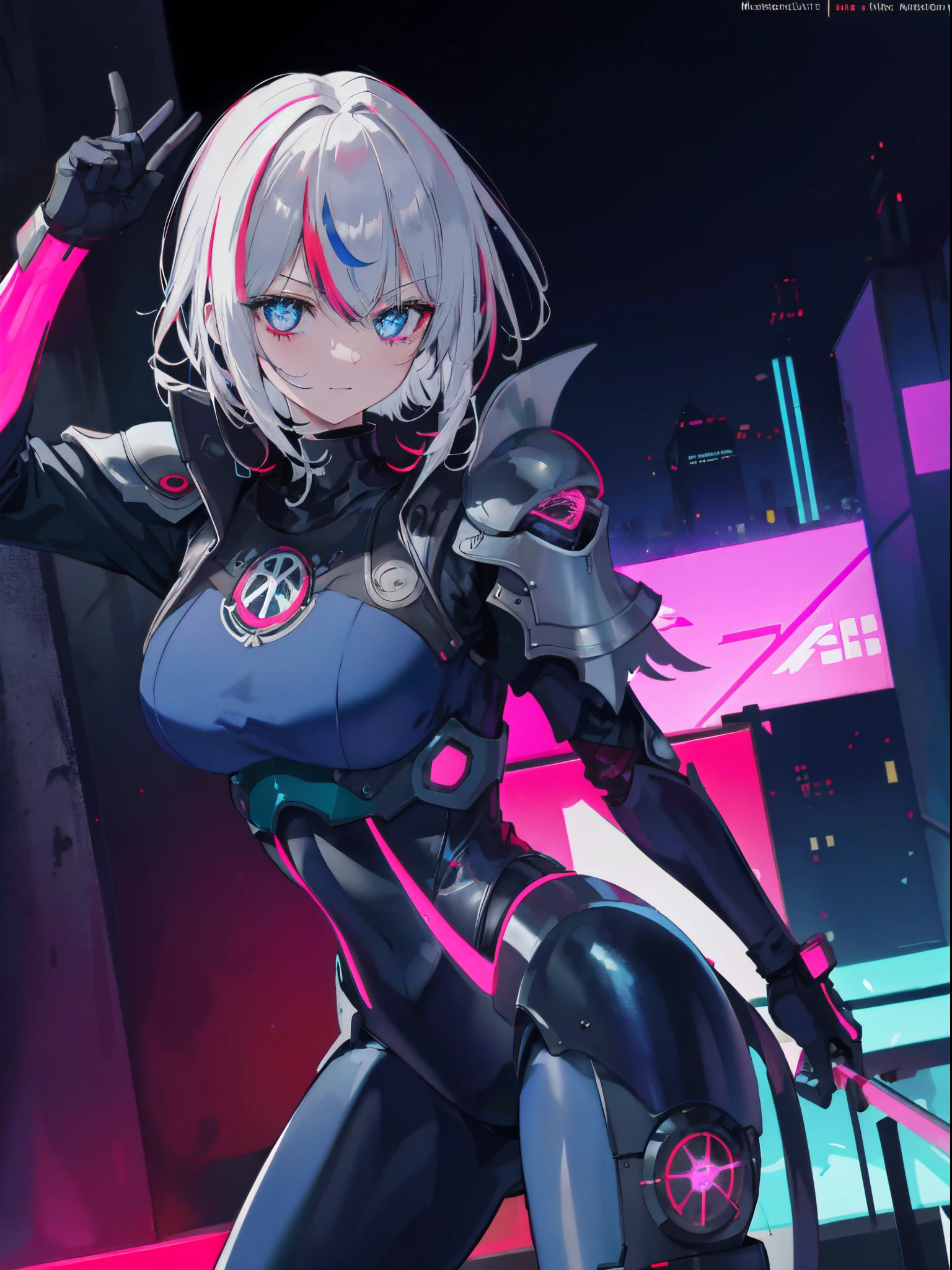 ((Meisterwerk:1.4, best quality))+, (Ultra-detailliert)+, hell blaues Haar , Wolfsschnitt, pinke Augen, Cyberpunk Stadt,flache Brust,gewellte haar, bodysuit tight to the body, Kleidung,cyborg elements,Coole Bewegung,silberne hautfarbe,bunter hintergrund,nacht in neonstadt ,(Blitzeffekt),(Kaltes Gesicht),cyberpunk, viking valkyre woman, sexy, much skin