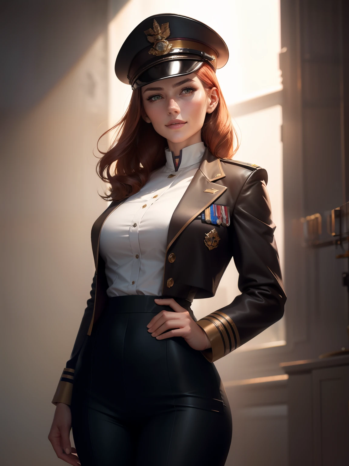 (1girl:1.4), (sfw), (clothed), (masterpiece), illustration,(realistic:1.5), (specular lighting:1.4), (hyperrealistic:1.2), (photorealistic face:1.2), (perfect face), (best quality), (8k), (4k), photorealistic, sharp focus, octane render, best quality, extremely detailed, intricate, hyper detailed, fantasy, soft lighting,(medium breasts:1.4), (skindentation:1.3), Matilda Ajan from Gundam, Matilda Agen, Matilda Ajan, looking straight at viewer, one hand down, tan full uniform, tan color uniform, tight off-white pants, perfect body, standing straight up, military attention, military salute, officer uniform, tan military jacket, buttoned up jacket, perfect hands, military officer hat, tan color hat, warm smile, kind smile, destroyed city in the background, short auburn hair, one hand down, hair slicked back, cropped hair, thigh gap