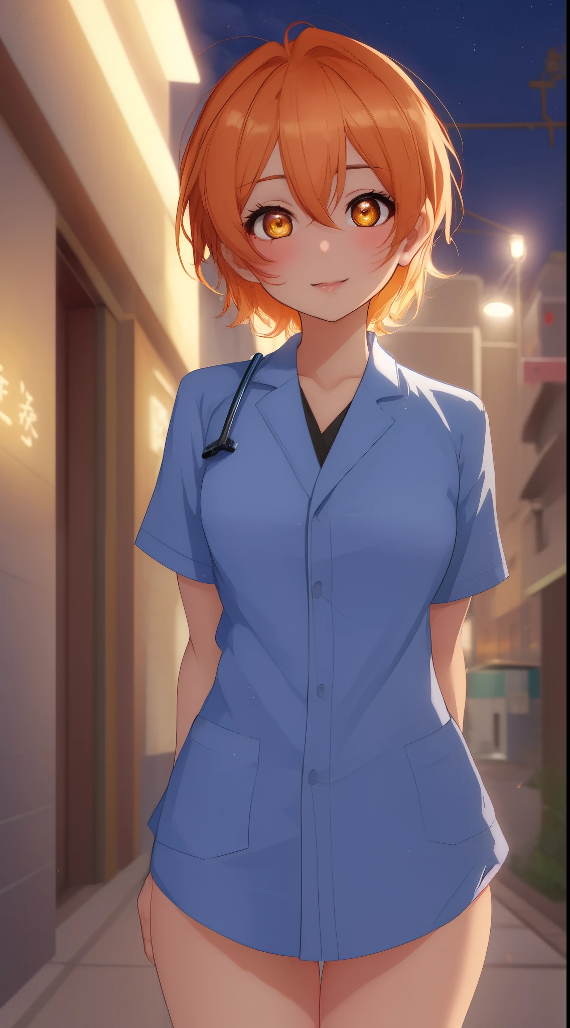 Masterpiece, sksrin, beautiful urban female model, under empty night stars, facial details, detailed body part details, 8k wallpaper,  looking at viewer, hospital, Hoshizora rin, short hair, nurse custom, thighs, golden ,glowing eyes, cowboy shot, sexy