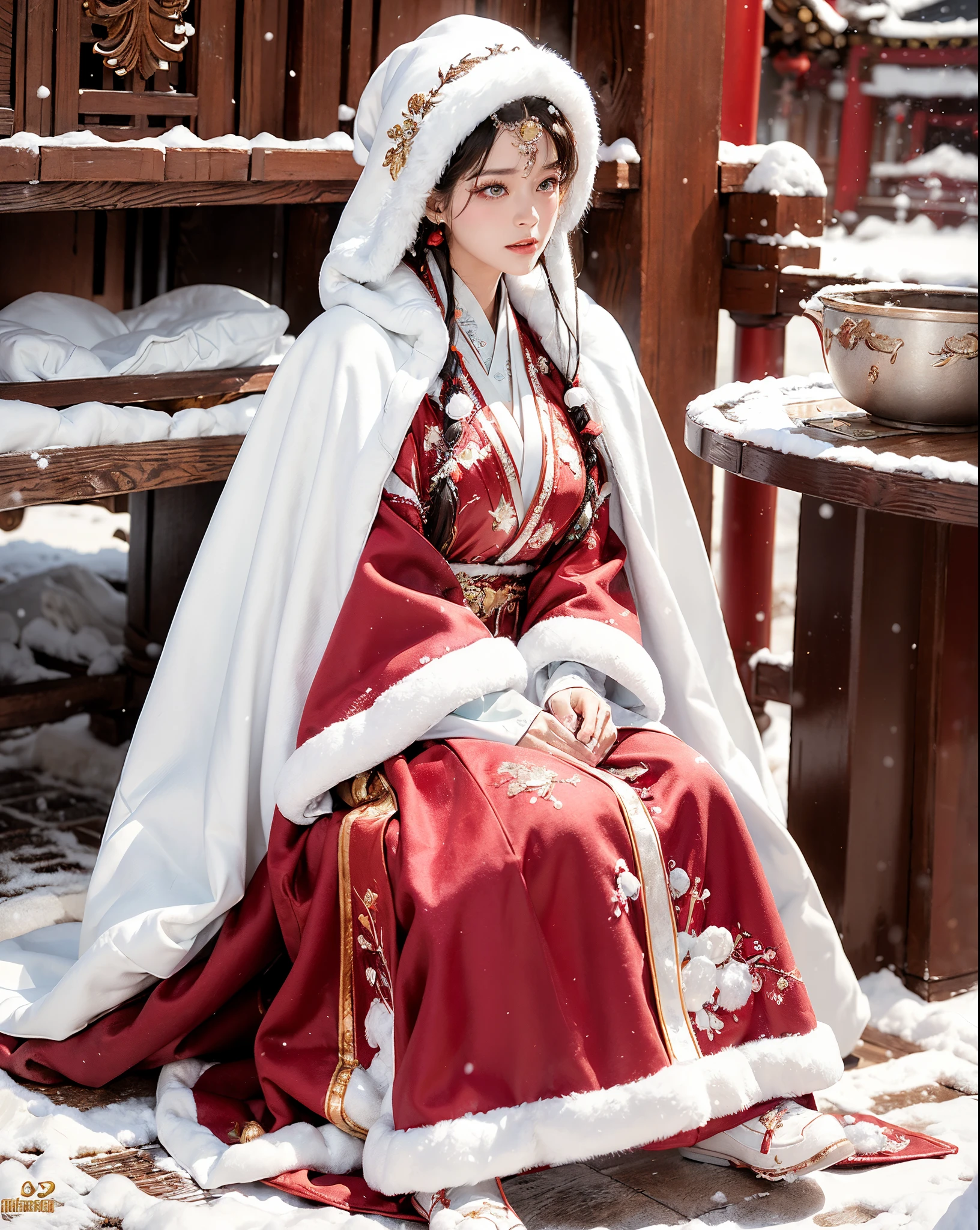 masterpiece, best quality, realistic, 8k, official art, cinematic light, ultra high res, 1girl, day, sunlight, light on face, huge breast, sexy, cleavage, (white hanfu), (Winter hanfu:1.2), (cloak:1.2), (snow:1.3),(full body), 
 French twist, jewelry ,necklace , Appalachian