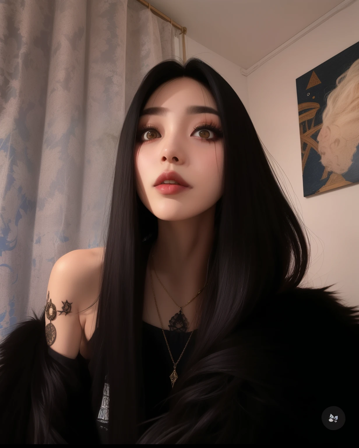 mulher arafa com longos cabelos negros e um casaco de pele preto, cruel korean goth girl, Ela tem cabelo preto com franja, cabelo blackbangs cabelo, cabelo preto longo com franja, Ulzzang, com cabelo preto liso, preto hime corte cabelo, coreana, cabelos escuros longos com franja, Franja reta longa, cabelos pretos longos e finos, goth girl aesthetic