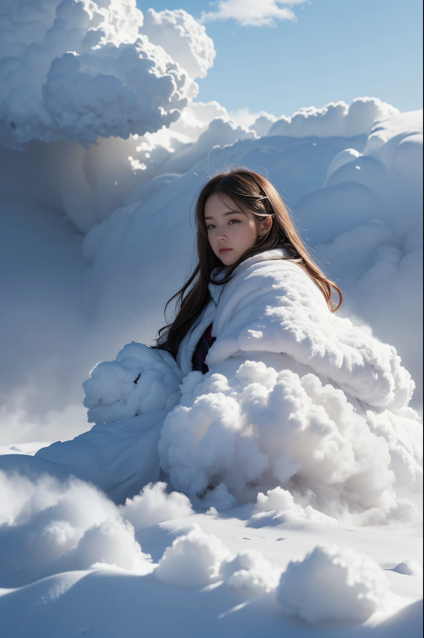Cloak made of exploding snow clouds, girl， author：Mark Mann, Volop, albrecht durer, Volop, soft wet color, intricately details, Amazing, firey, smokes, The beautiful, Cloudy, Fluffy, static charge, Snowy Land, An artistic masterpiece by the head of real-time engineering