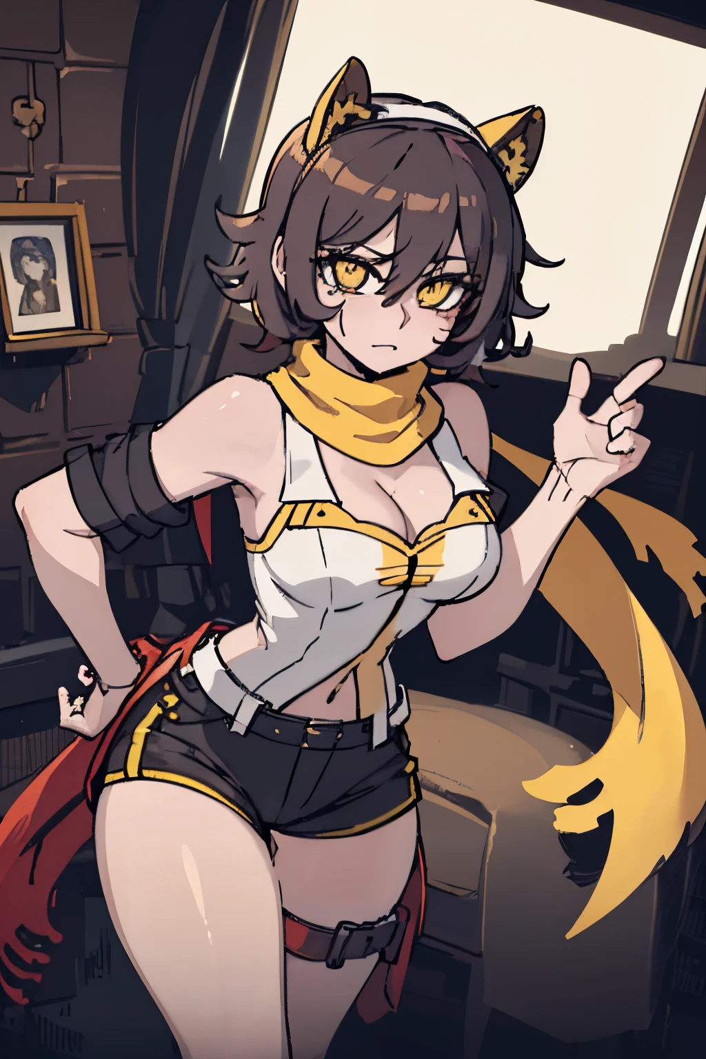 short (messy hair) (masterpiece), best quality perfect face beautiful girl, feminine, defined curves, cinematic, aesthetic, shadows, gorgeous, amazing, cute girl (busty) medium breast (perky) (large ass) (bubble butt) barefoot, brown hair, detached sleeves bare shoulders, defined abdomen, sleeveless (thick thighs), (masterpiece), best quality, expressive eyes, perfect IncrsAhriArcade, facial mark shaped pupils, (yellow eyes:1.3), flower-shaped pupils, white shirt, black shorts, scarf on pirate ship bedroom, shaft head tilt pose (from front) (nothing on leg) (bare legs) (tall person looking down pov)