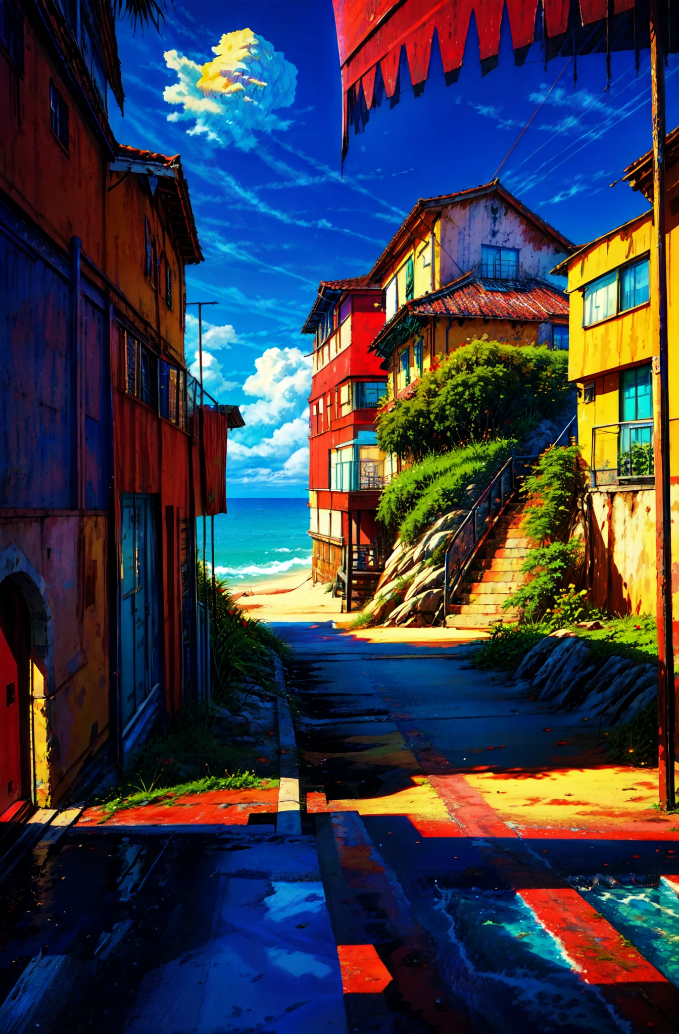 (masterpiece:1.2), (aesthetic:1.2), (best quality:1.2), (absurdres:1.2), ultra detailed, ray tracing, cloud, blue sky, outdoors, ocean, beach, boardwalk, scenery, summer, retro artstyle, 1990s (style)