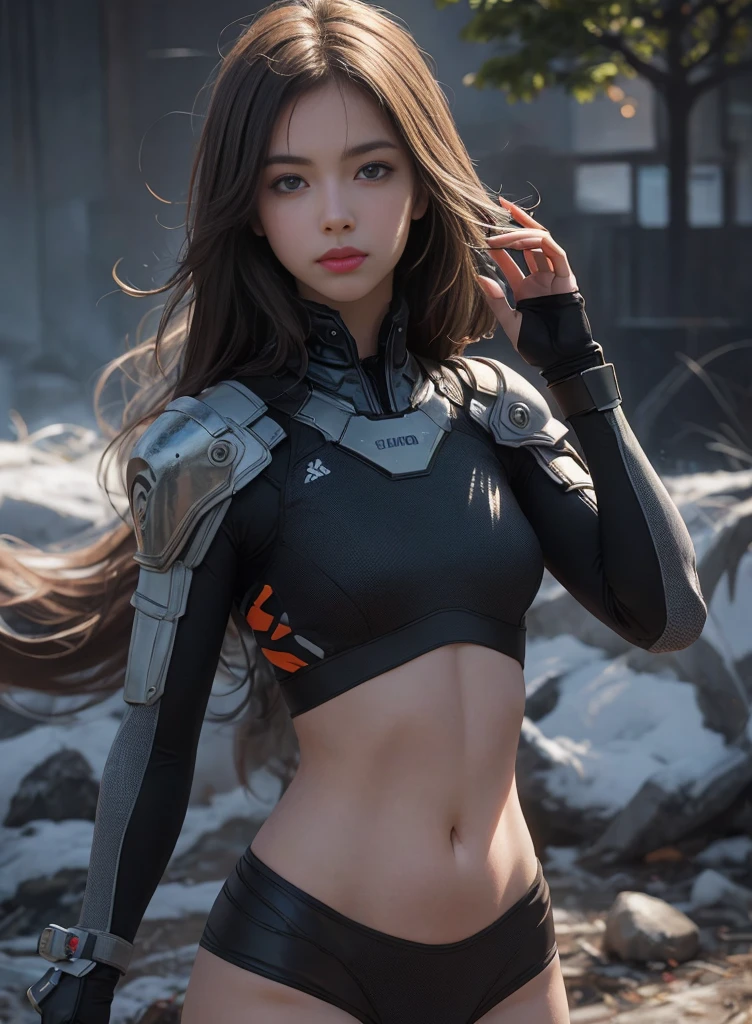 ( science fiction),girl with blue eyes,is aiming with a rifle,full body,only lightsource is weak moonlight,realistic light,raytracing,small breasts,zoomed out,sexy bodyarmor,aliens attacking,detailed beautiful face,zoomed out,(complete body),